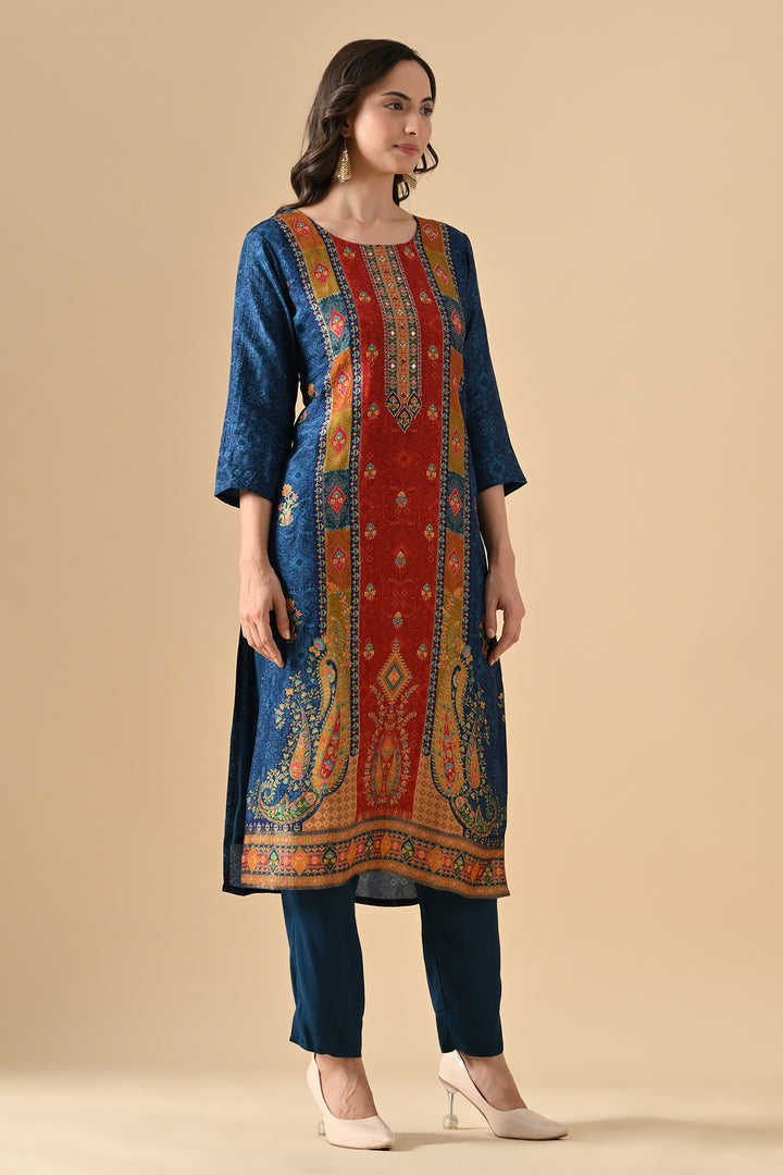 Teal Blue Printed Kurta Set