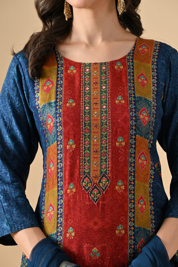 Teal Blue Printed Kurta Set