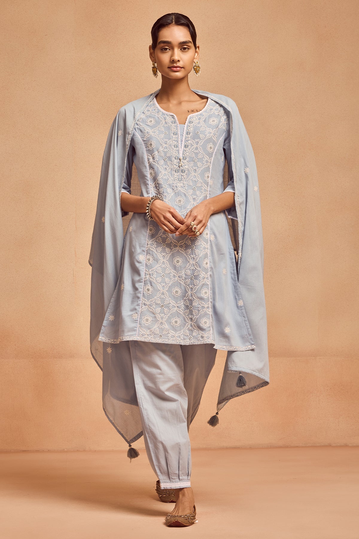 Blue Embroidered Kurta 3 Pcs Set