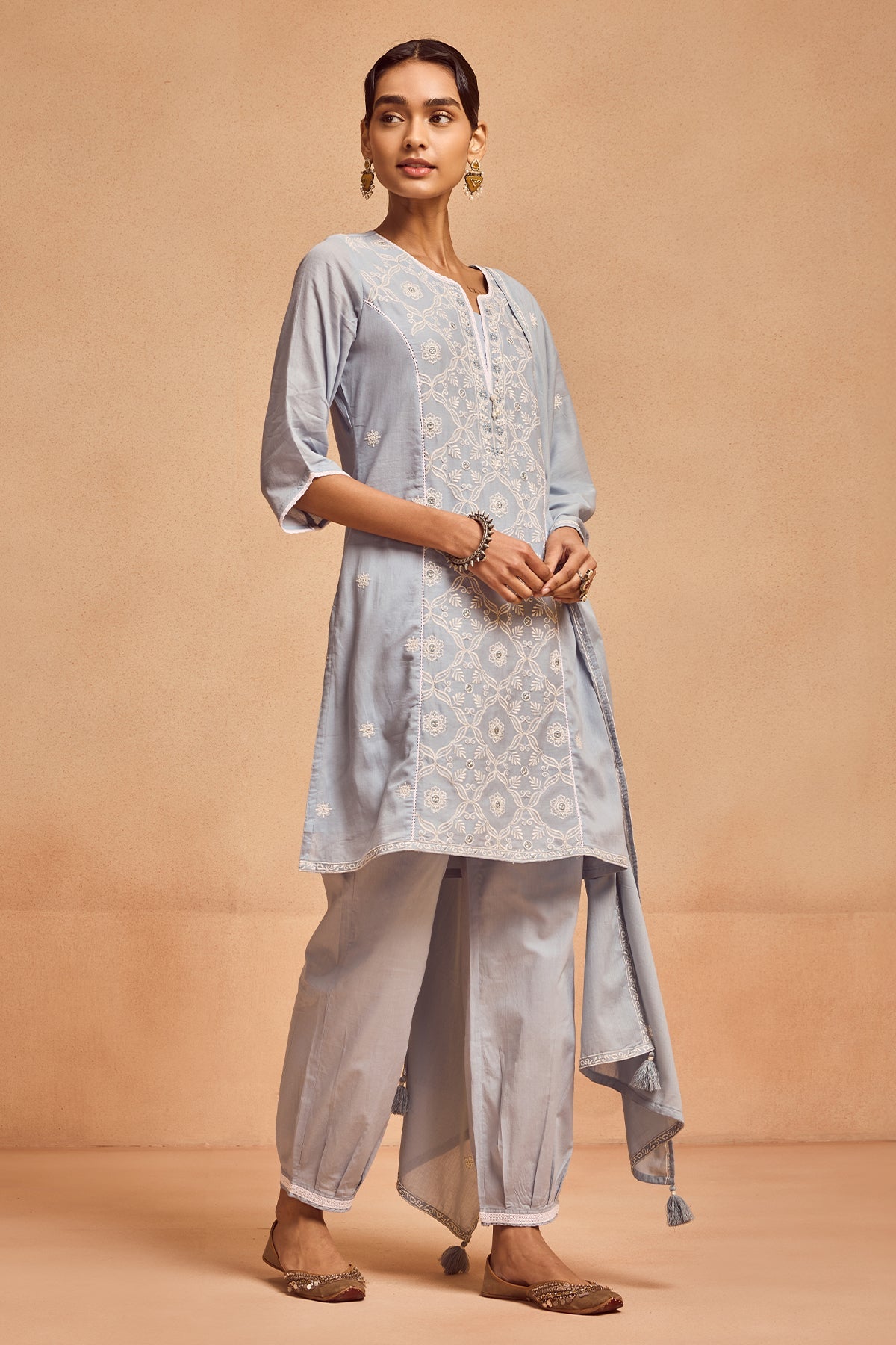 Blue Embroidered Kurta 3 Pcs Set