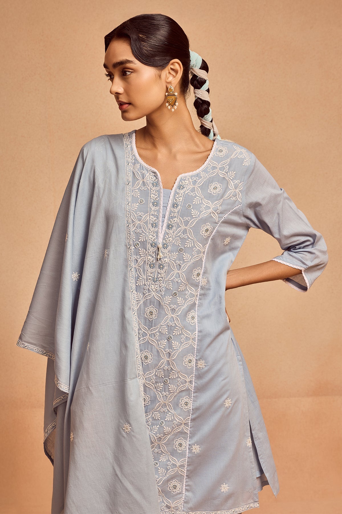 Blue Embroidered Kurta 3 Pcs Set