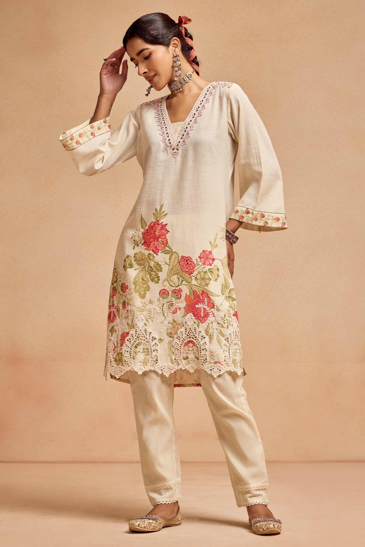 Cream Printed Kurta 2 Pcs Set