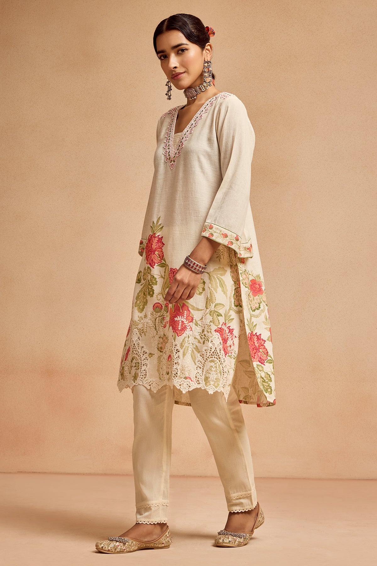 Cream Printed Kurta 2 Pcs Set