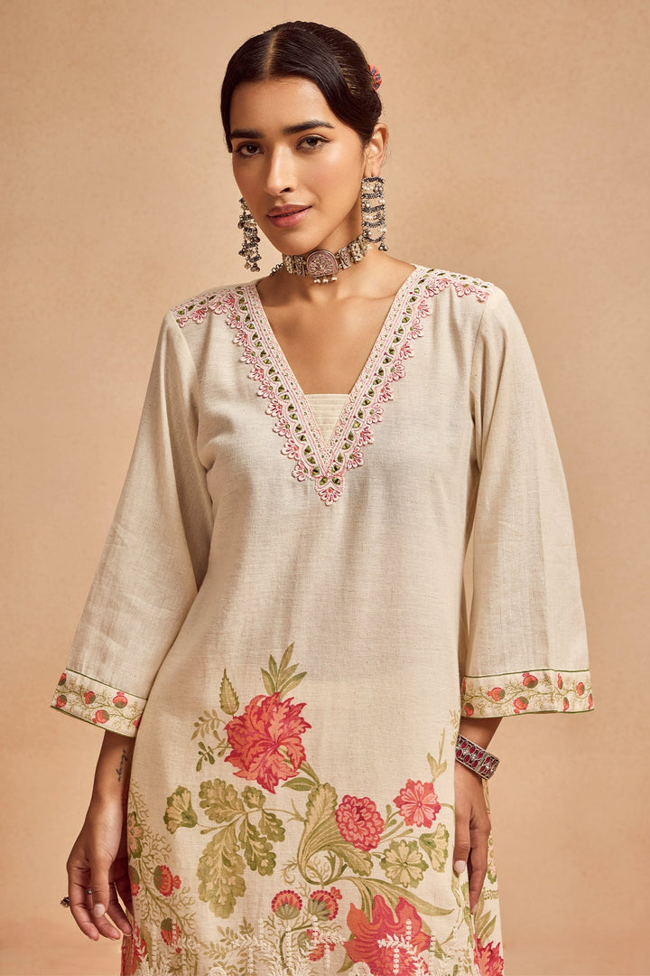 Cream Printed Kurta Set