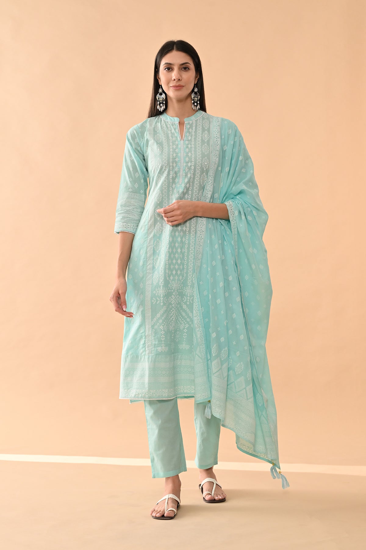 Blue Printed Kurta 3 Pcs Set