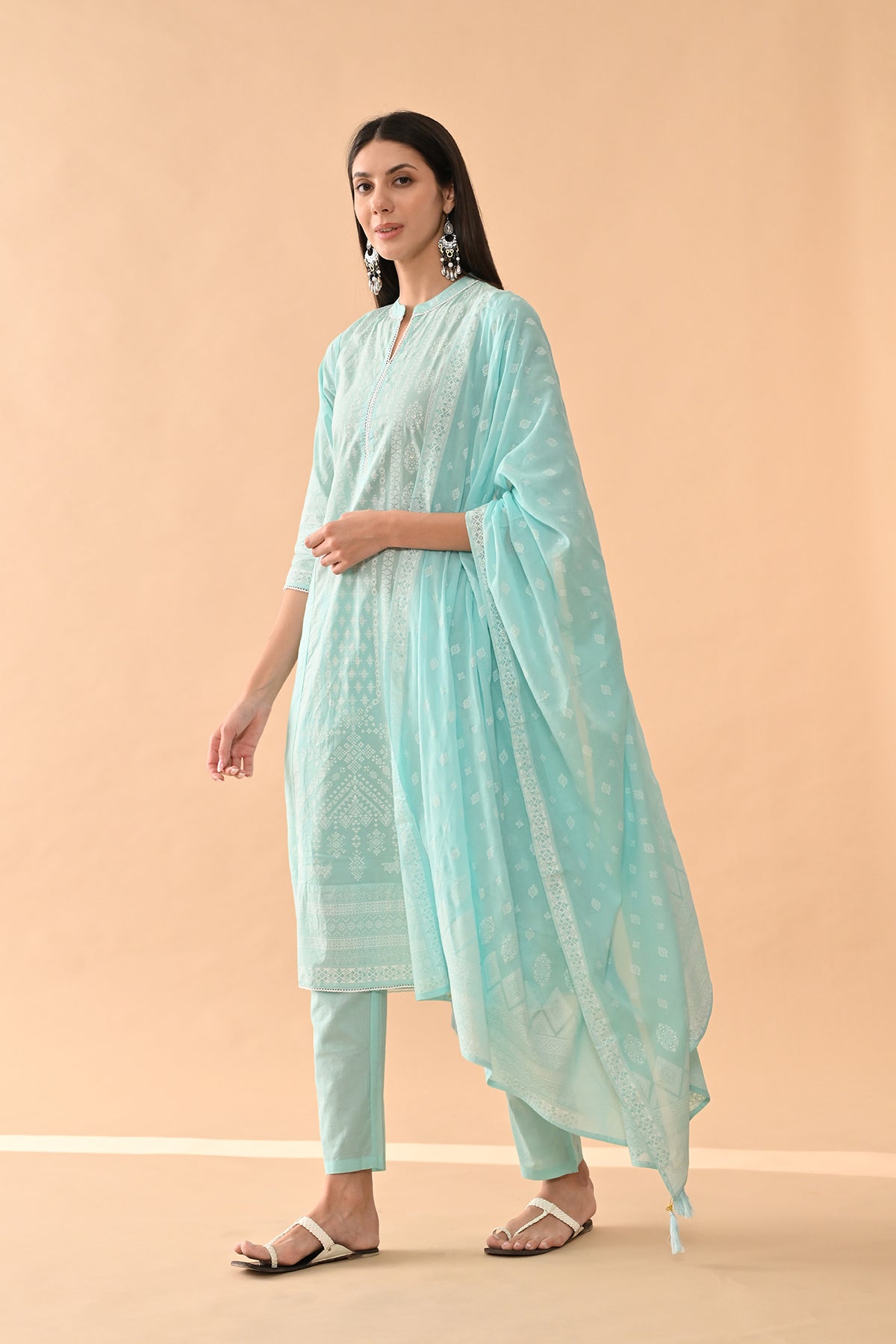Blue Printed Kurta 3 Pcs Set