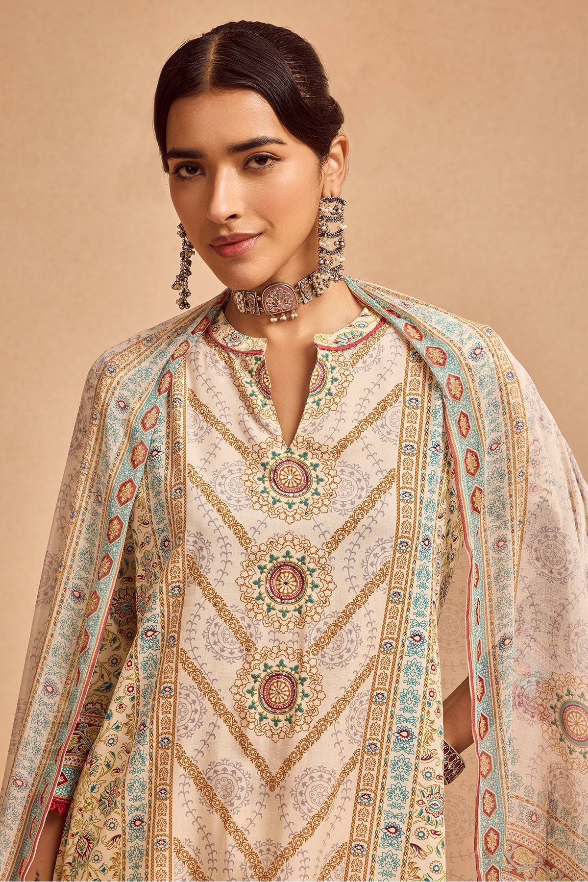Cream Printed Kurta 3 Pcs Set