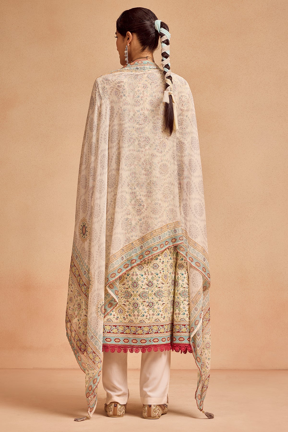 Cream Printed Kurta 3 Pcs Set