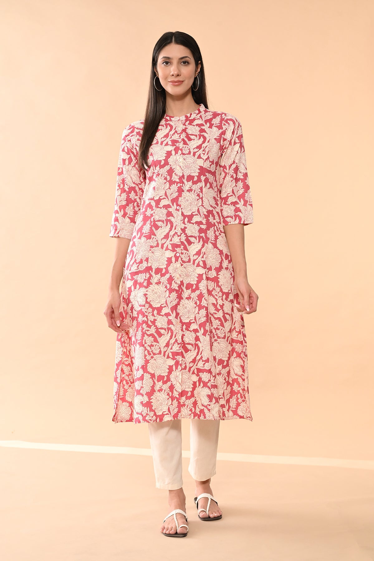 Pink Printed A-line Kurta