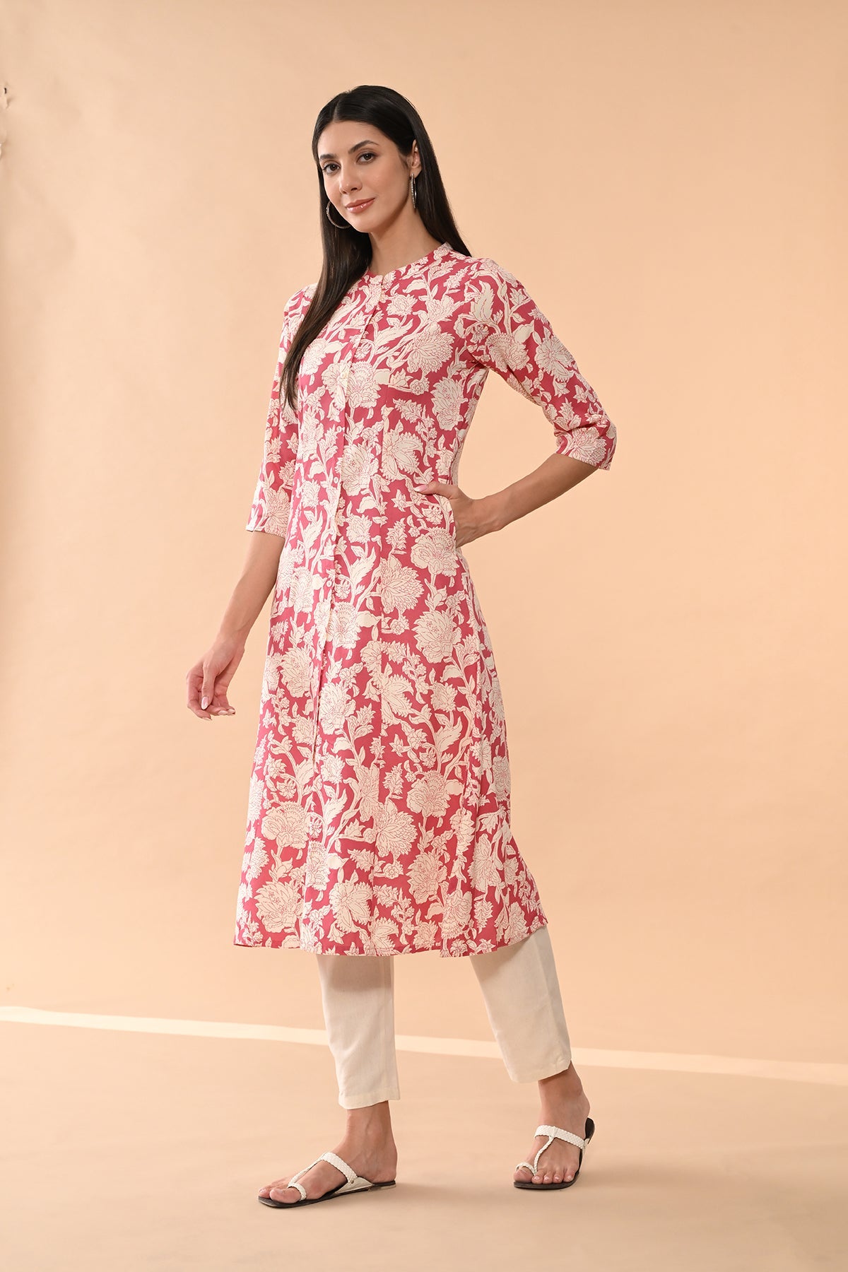 Pink Printed A-line Kurta