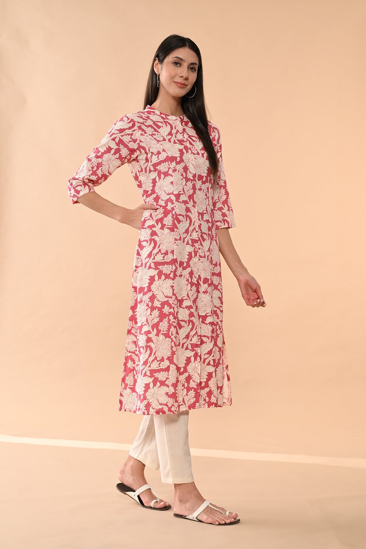 Pink Printed A-line Kurta