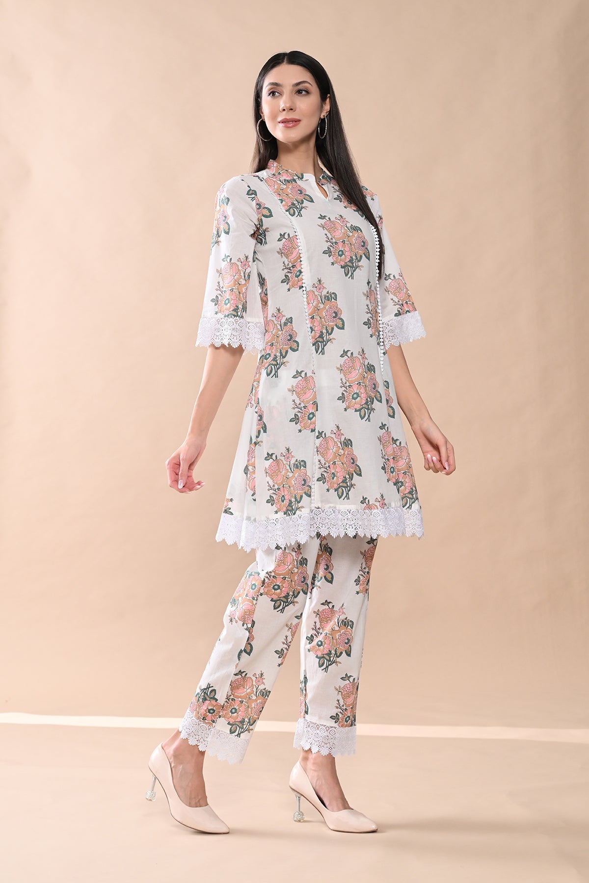 White Printed A-line Kurta Set
