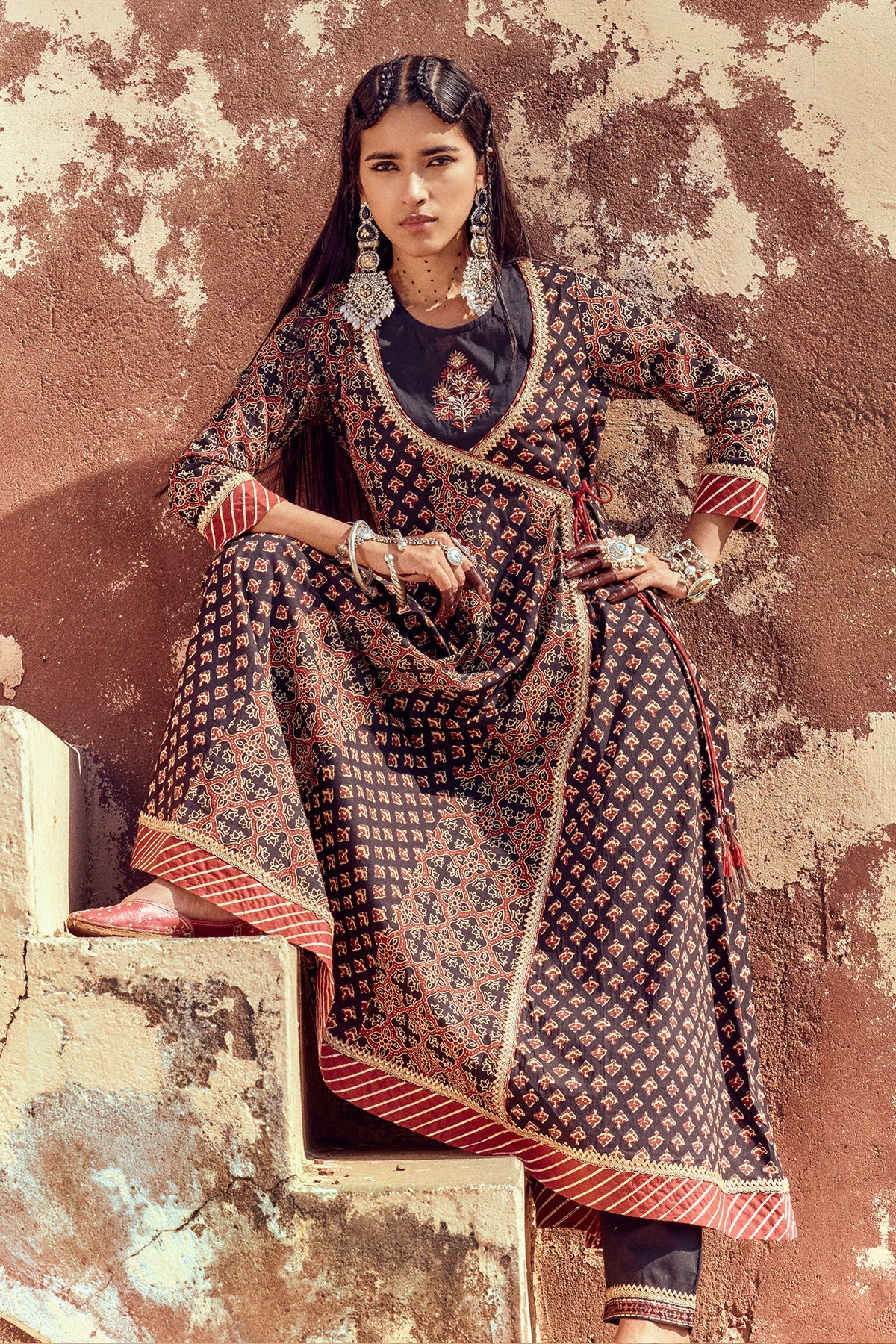 Black Printed Flared Dress with Dupatta