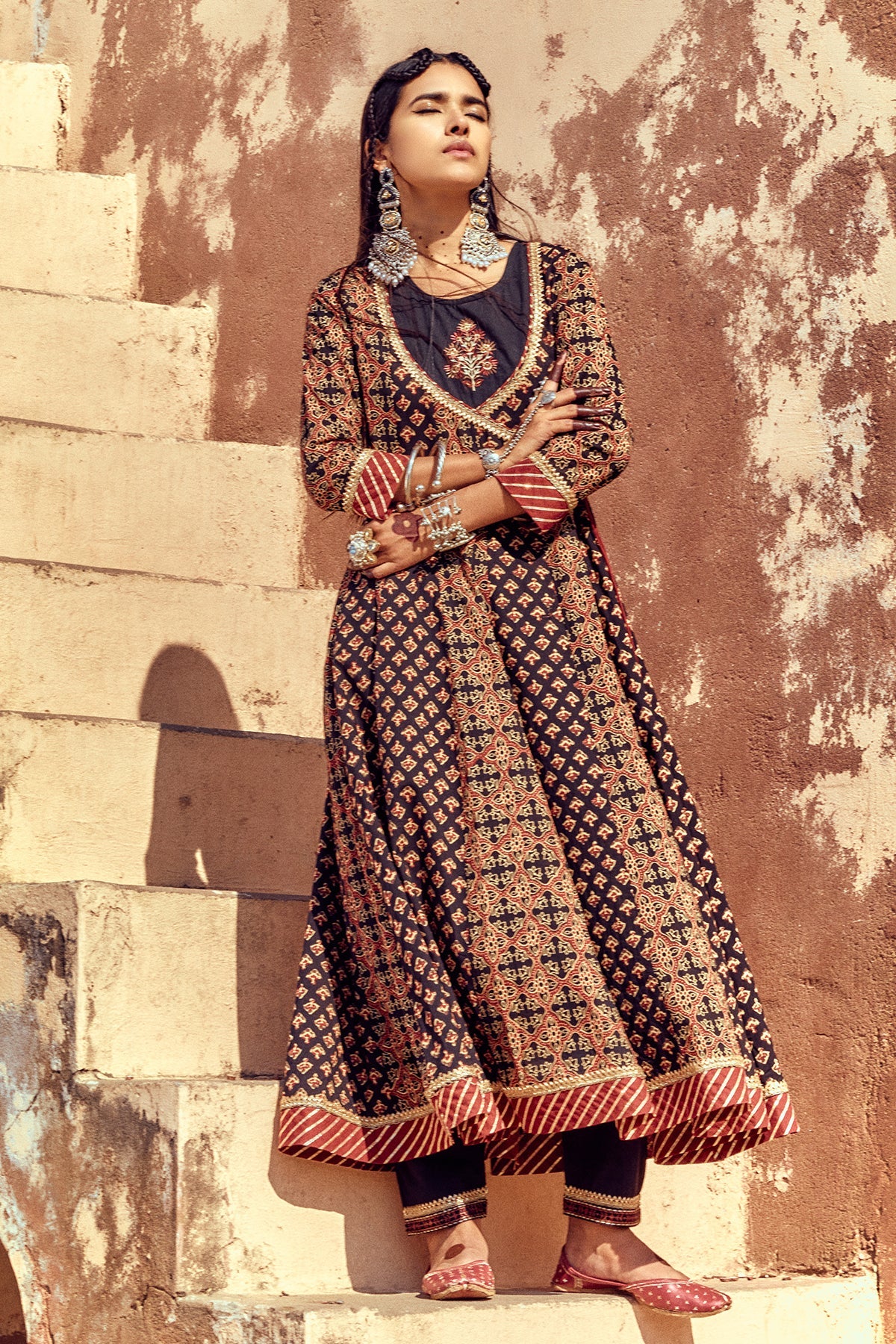 Black Printed Flared Dress with Dupatta
