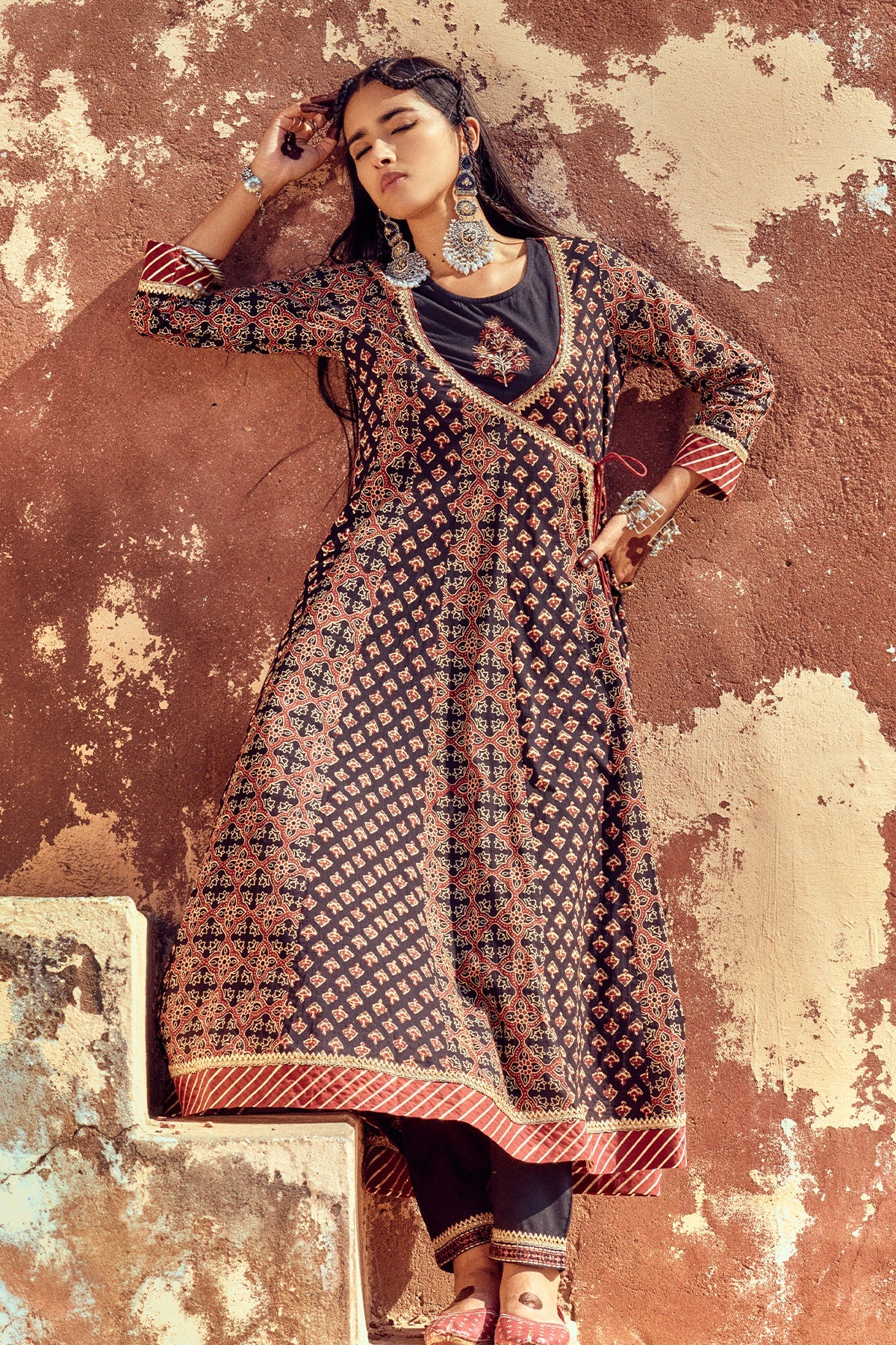Black Printed Flared Dress with Dupatta