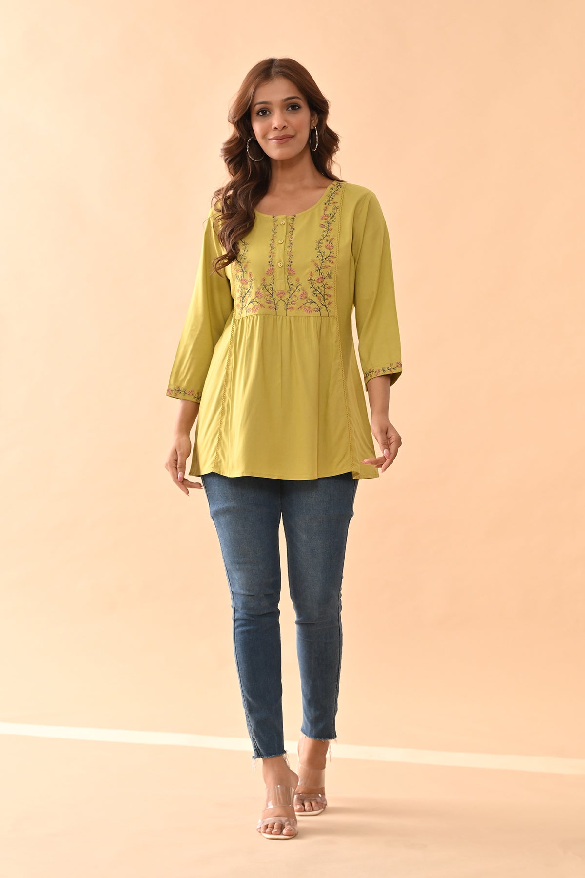 Green Embroidered Straight Top