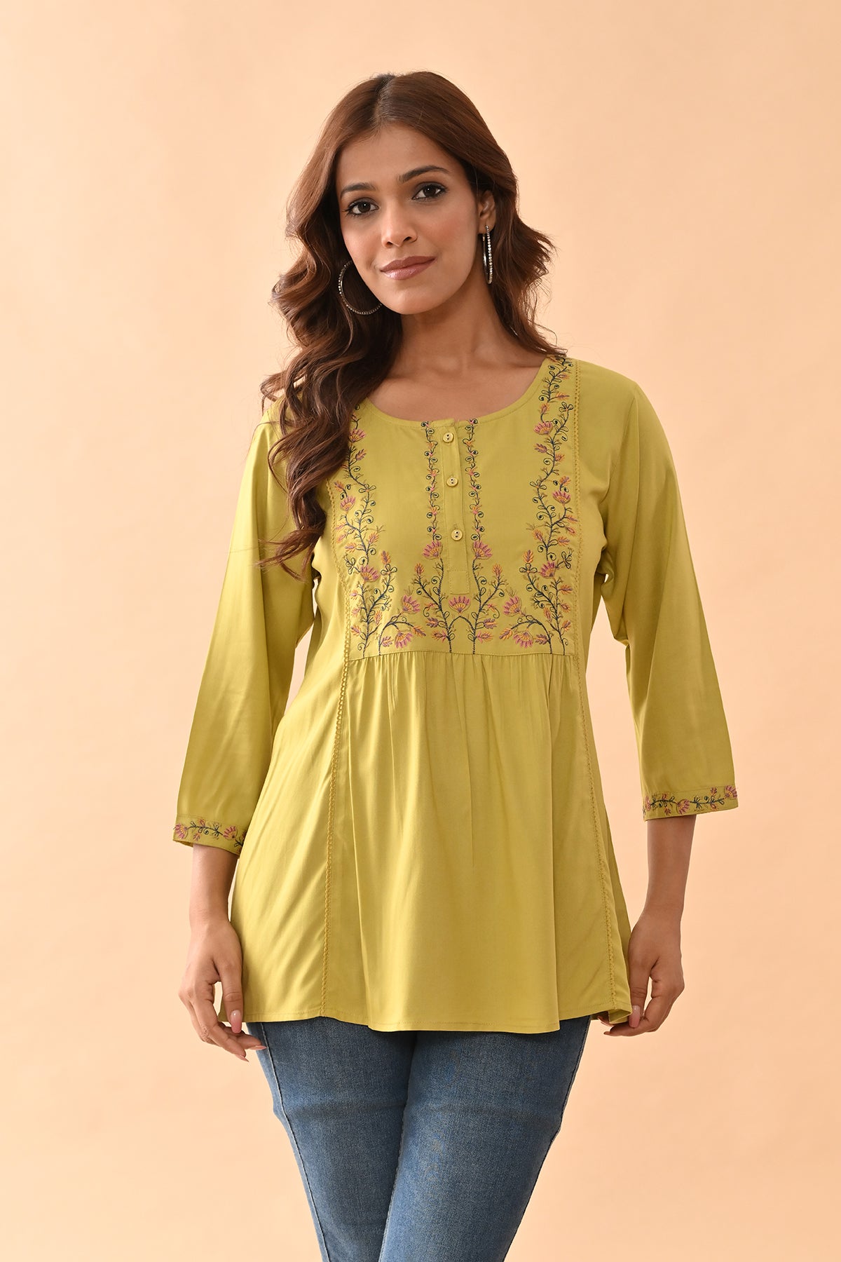 Green Embroidered Straight Top
