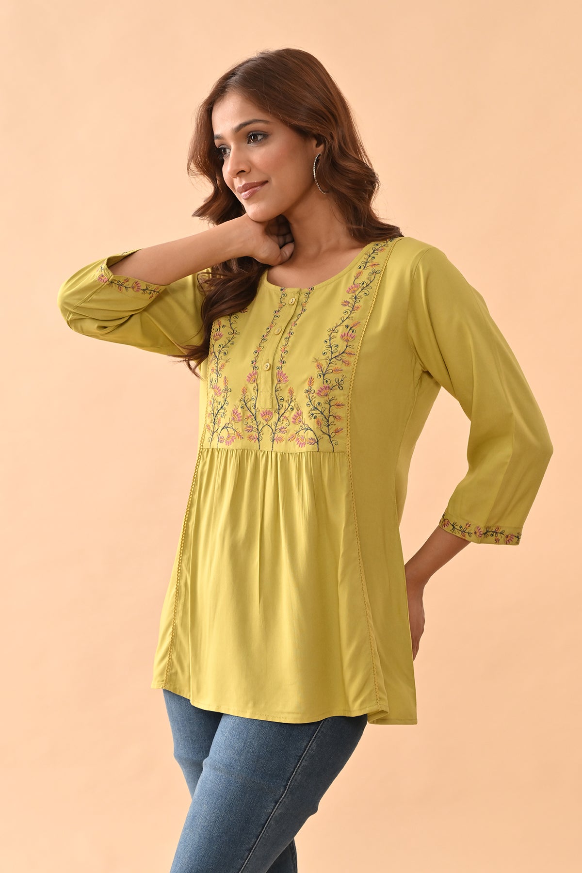 Green Embroidered Straight Top