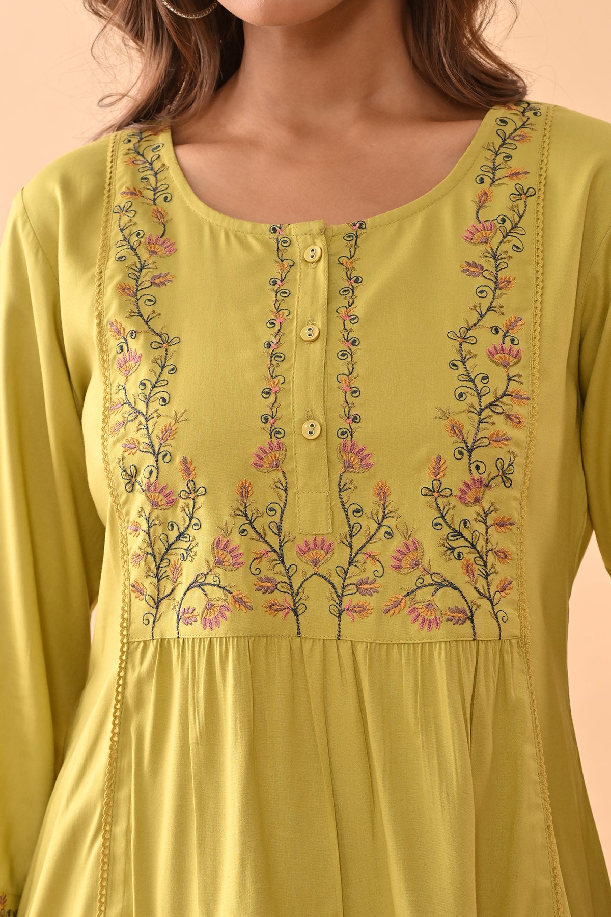 Green Embroidered Straight Top