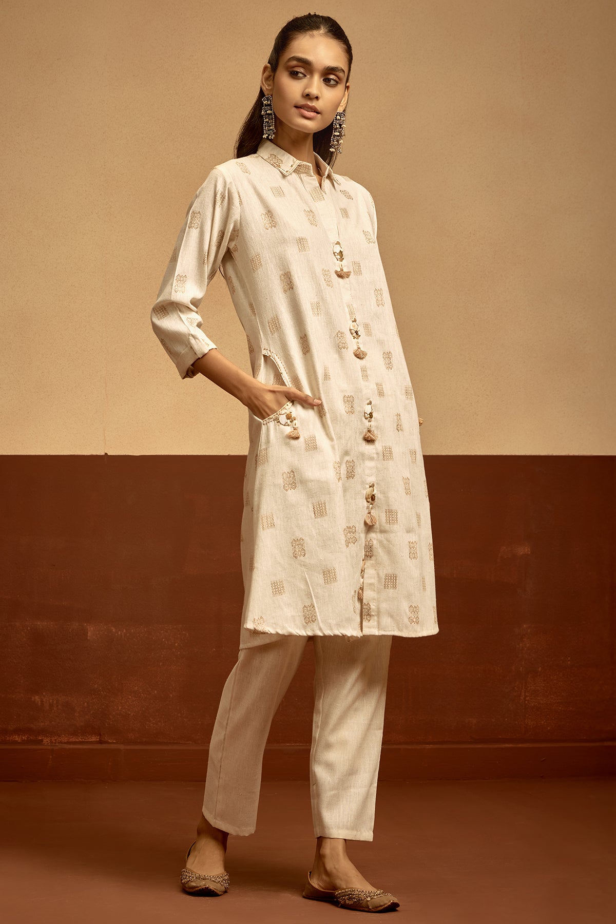 Cream Embroidered A-line Kurta 2 Pcs Set