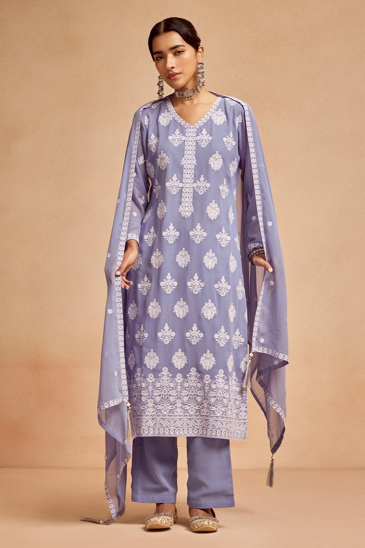Blue Embroidered Kurta 3 Pcs Set