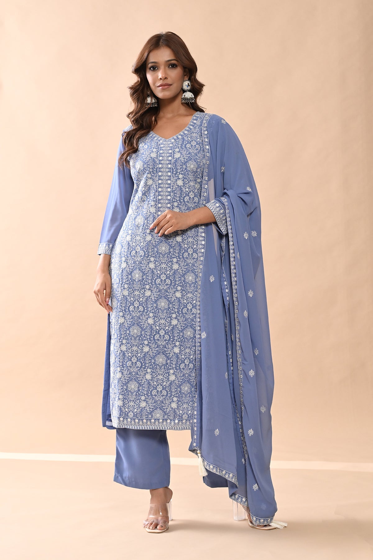 Blue Embroidered Kurta 3 Pcs Set