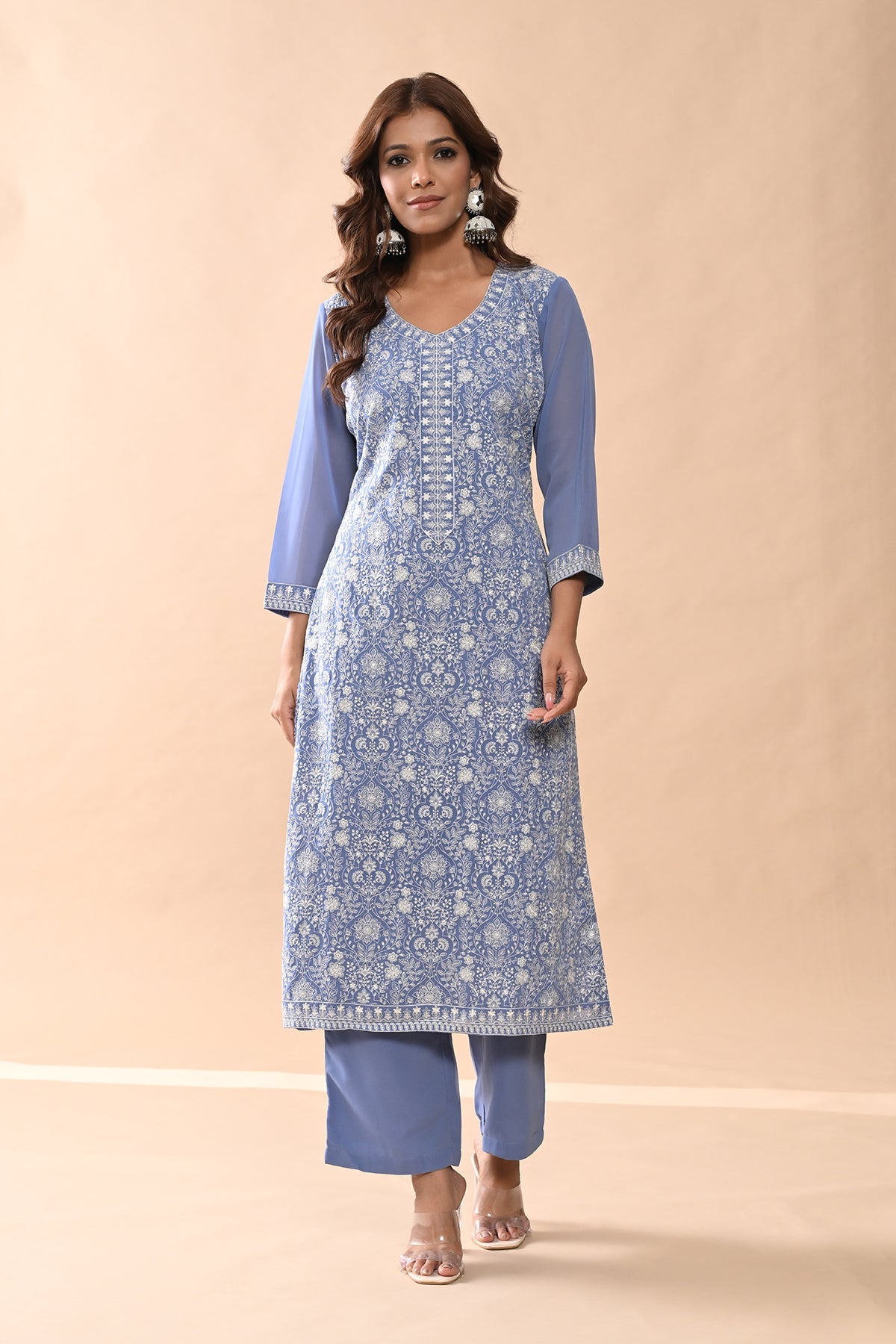 Blue Embroidered Kurta 3 Pcs Set