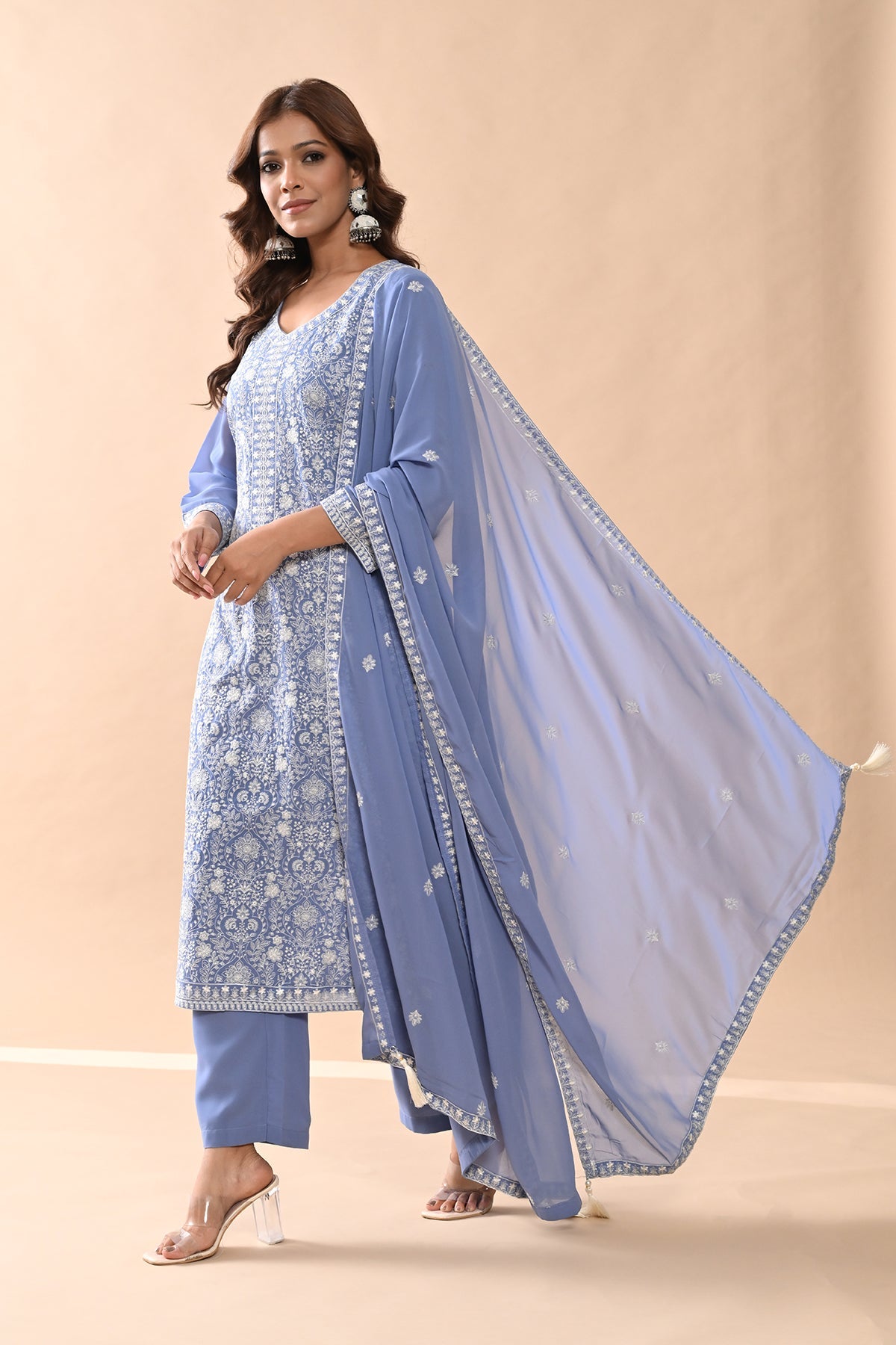 Blue Embroidered Kurta 3 Pcs Set