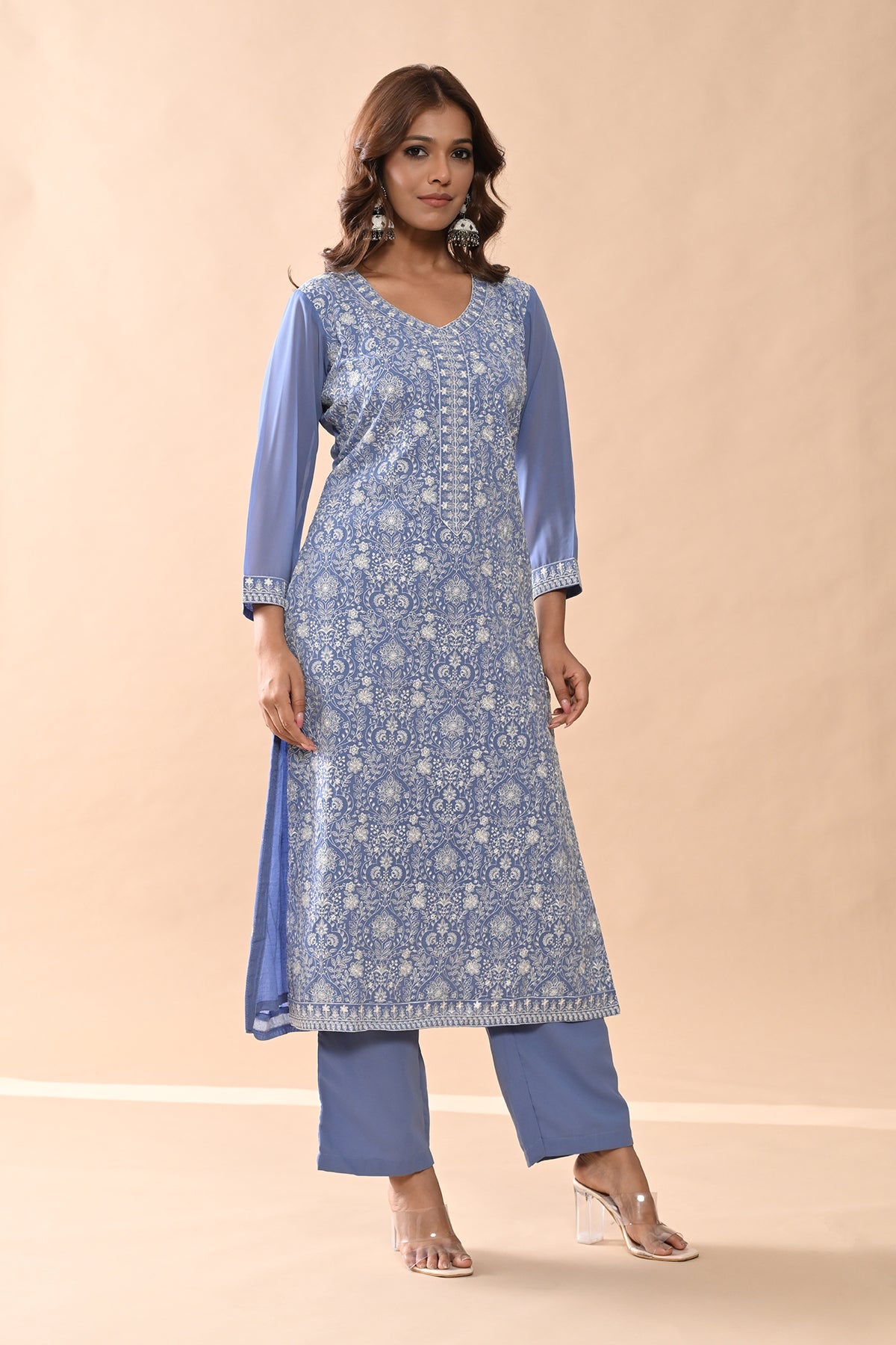 Blue Embroidered Kurta 3 Pcs Set