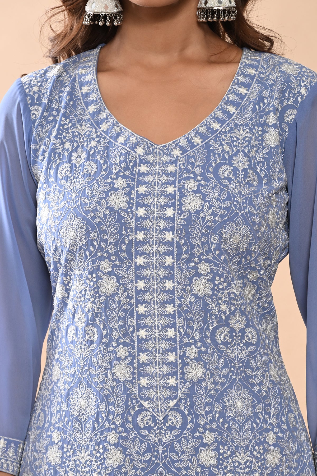 Blue Embroidered Kurta 3 Pcs Set