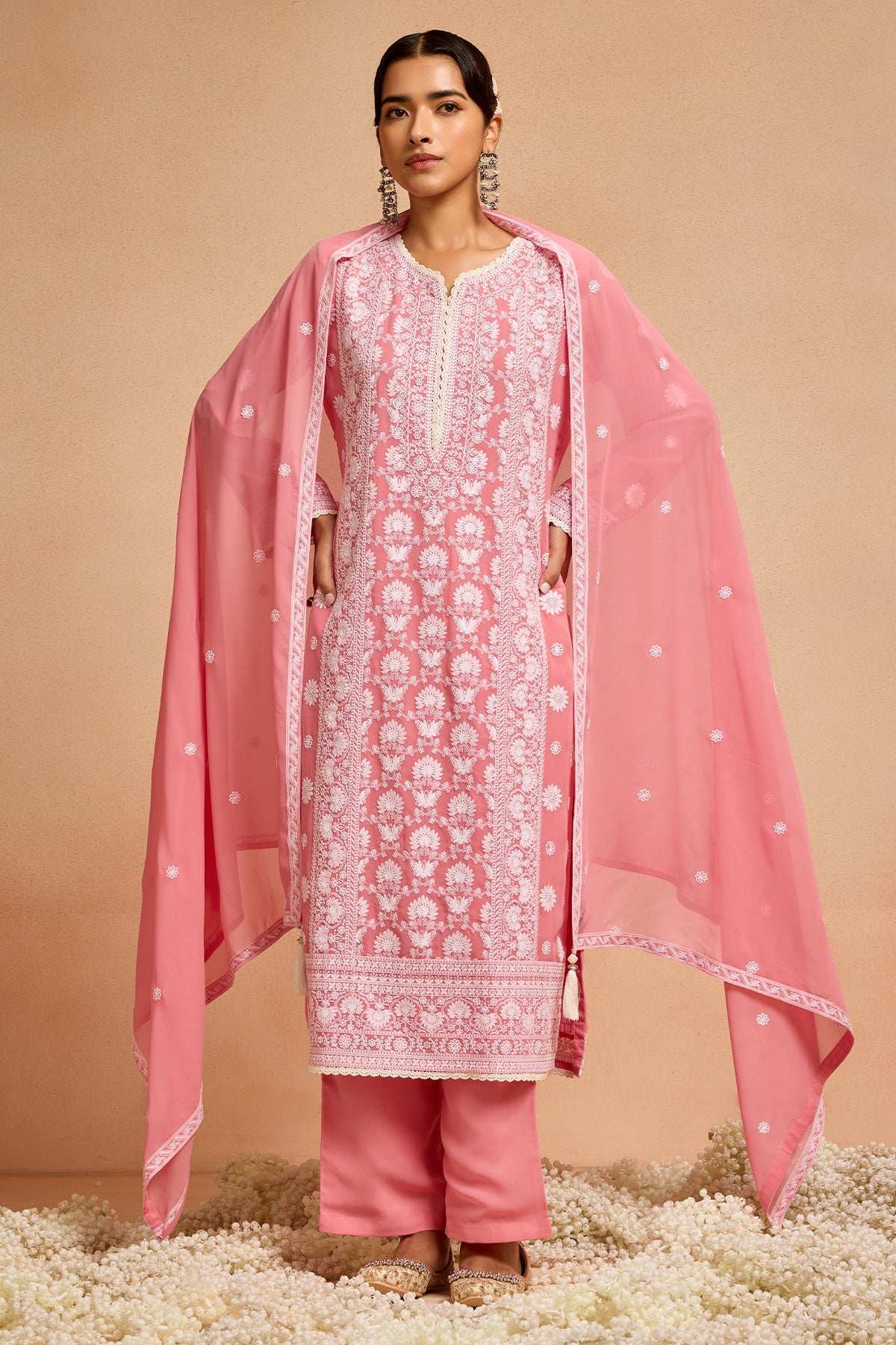 Peach Embroidered Kurta 3 Pcs Set