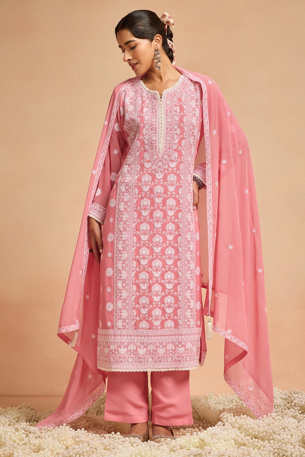Peach Embroidered Kurta 3 Pcs Set