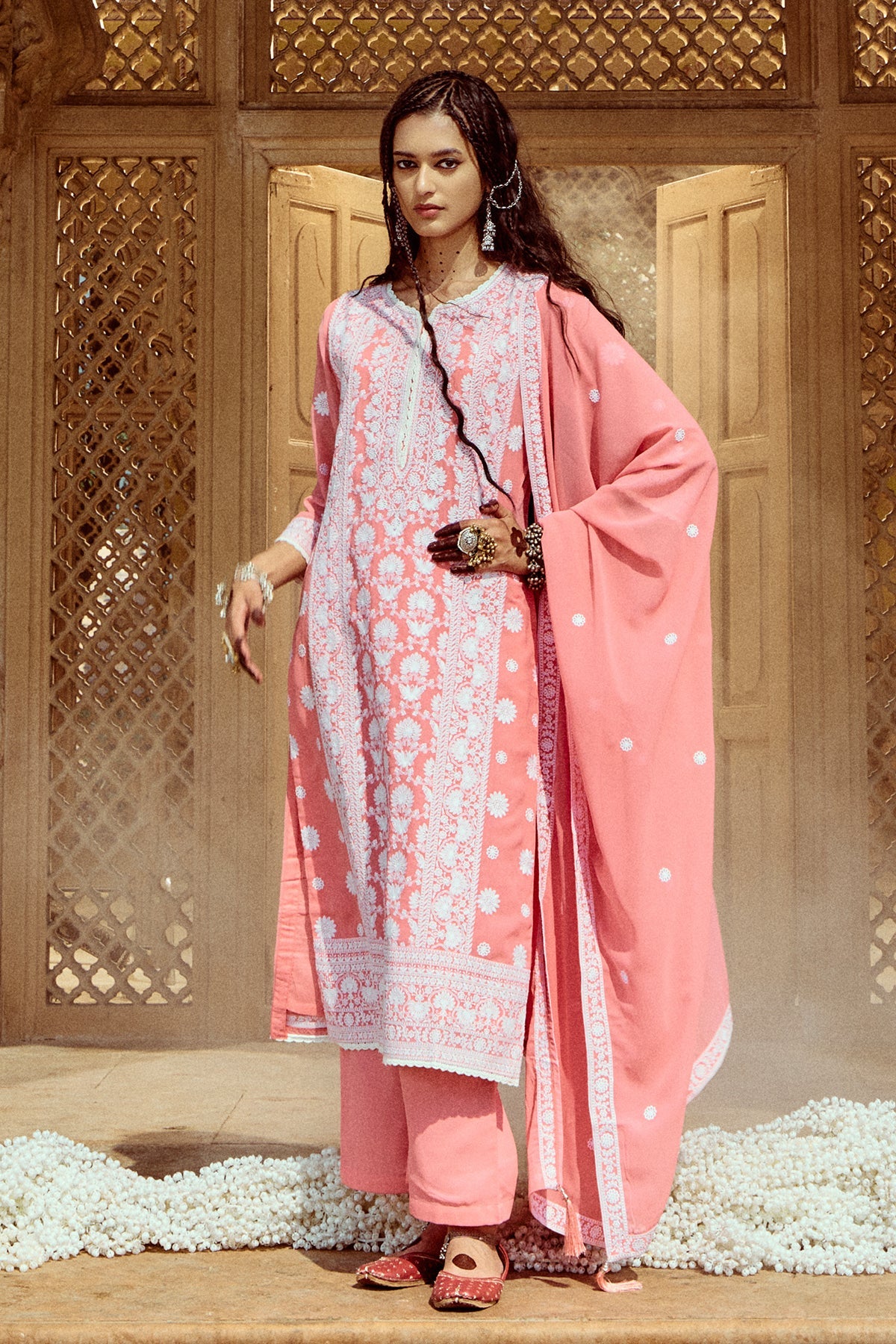 Peach Embroidered Kurta 3 Pcs Set