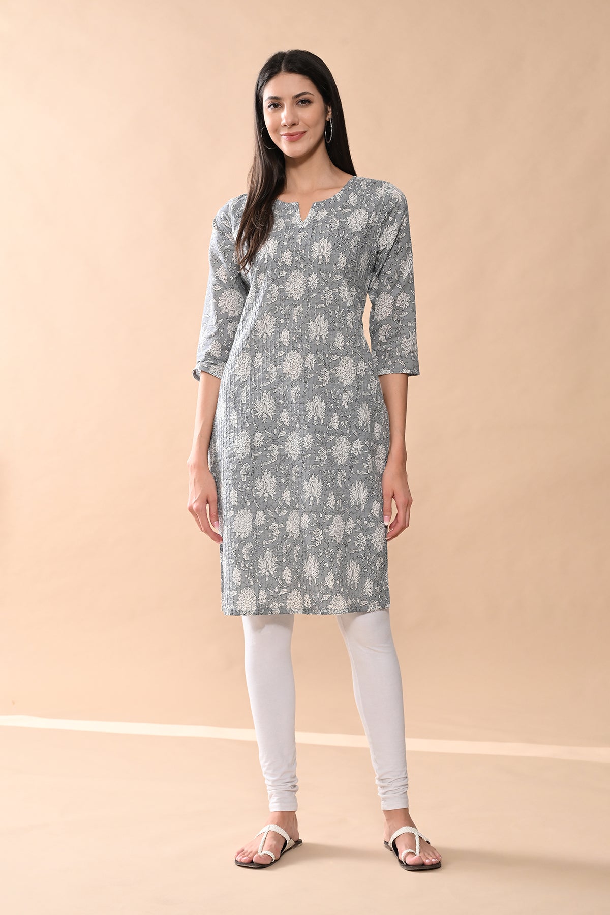 Grey Printed Straight Kurta