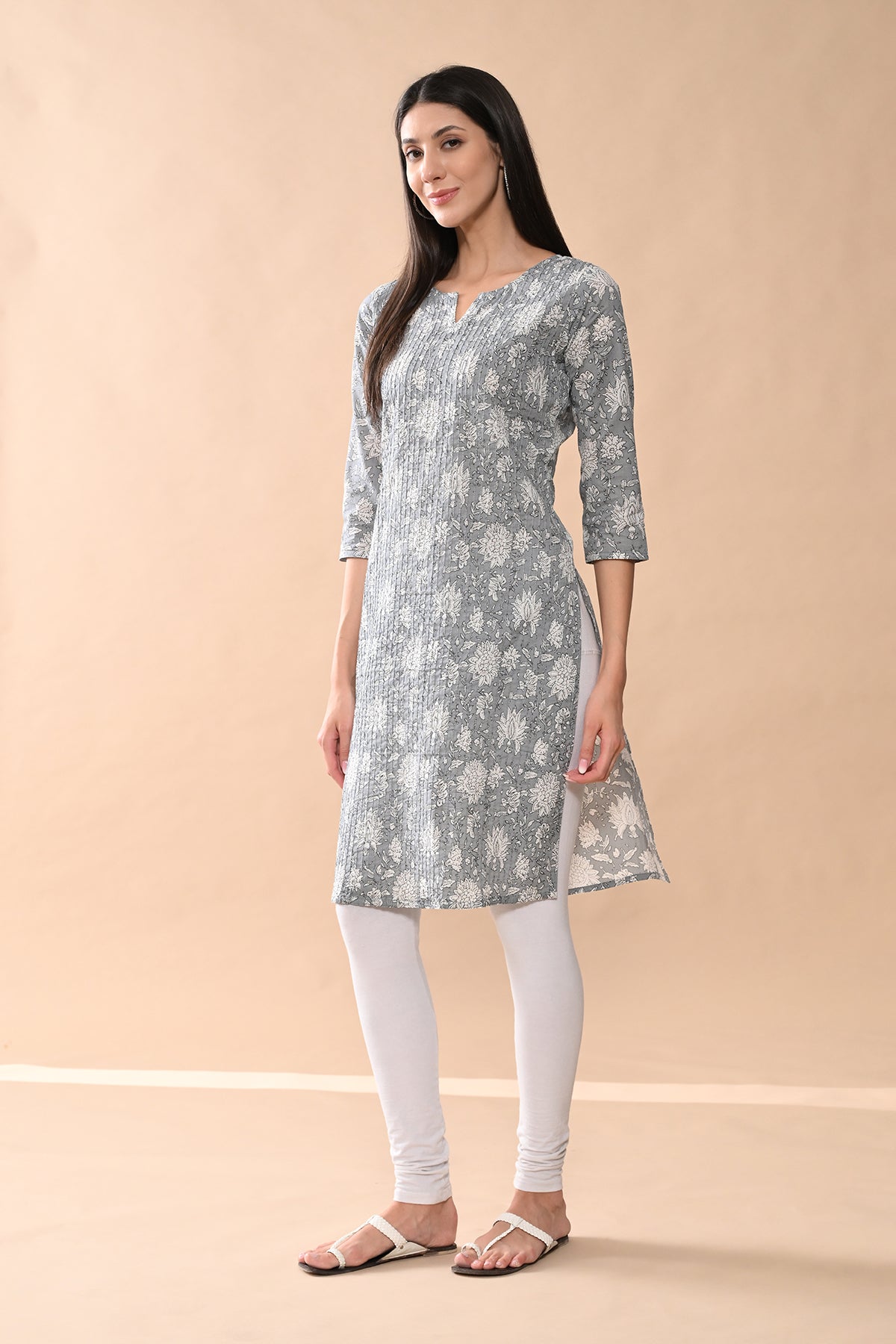 Grey Printed Straight Kurta