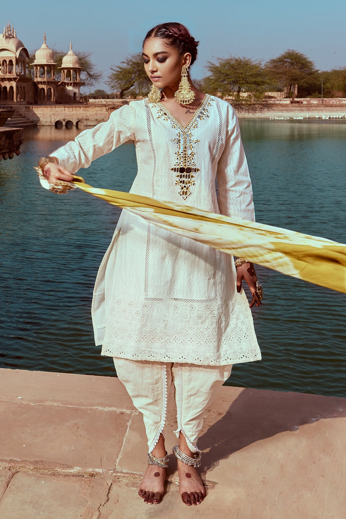 Cream Embroidered Kurta 3 Pcs Set