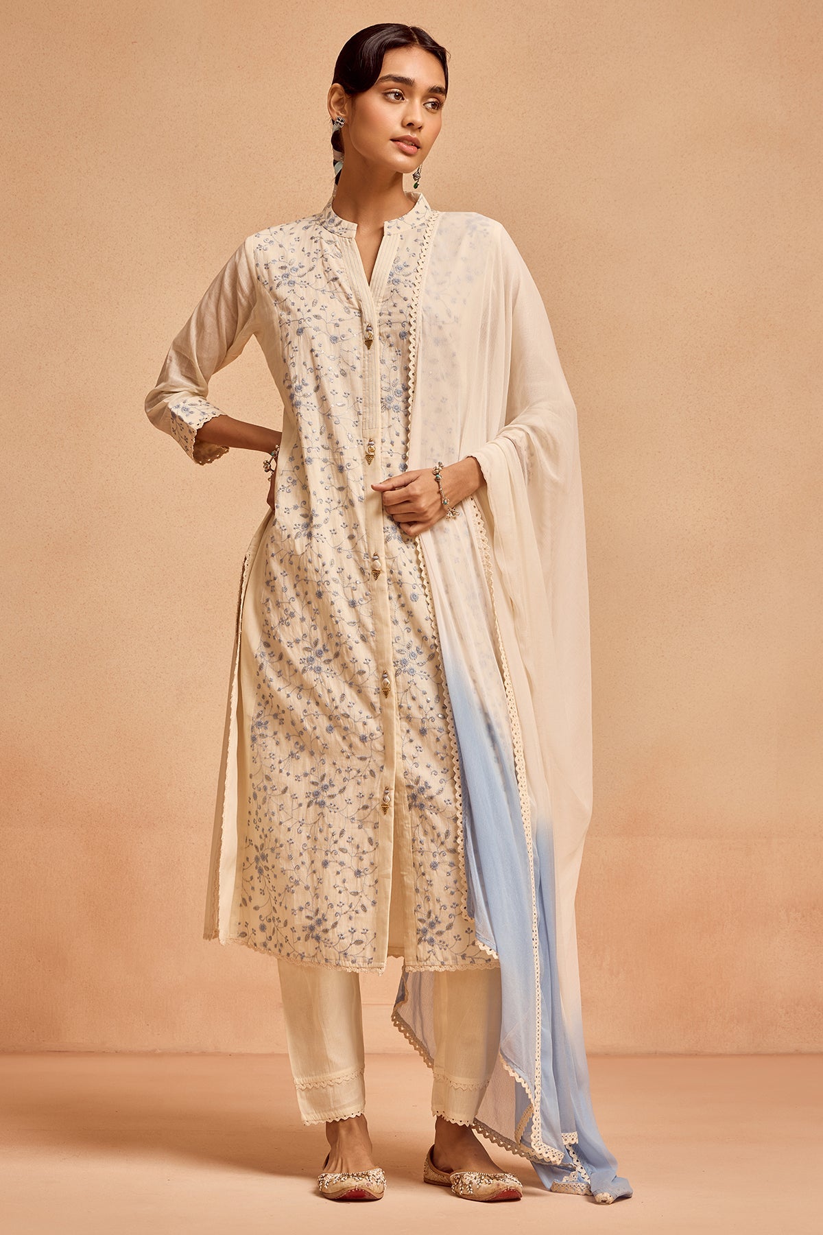 Cream Embroidered Kurta 3 Pcs Set