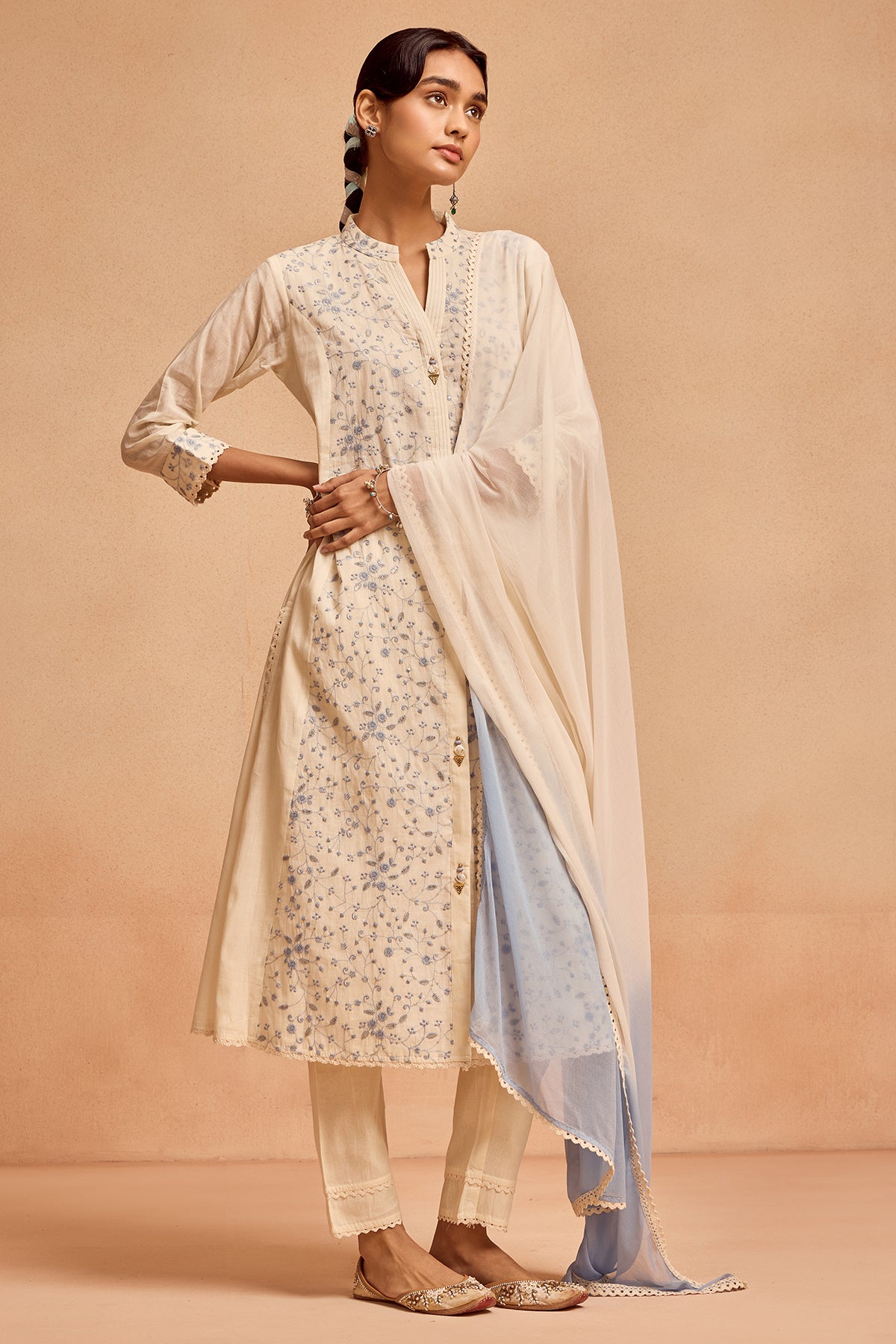 Cream Embroidered Kurta 3 Pcs Set