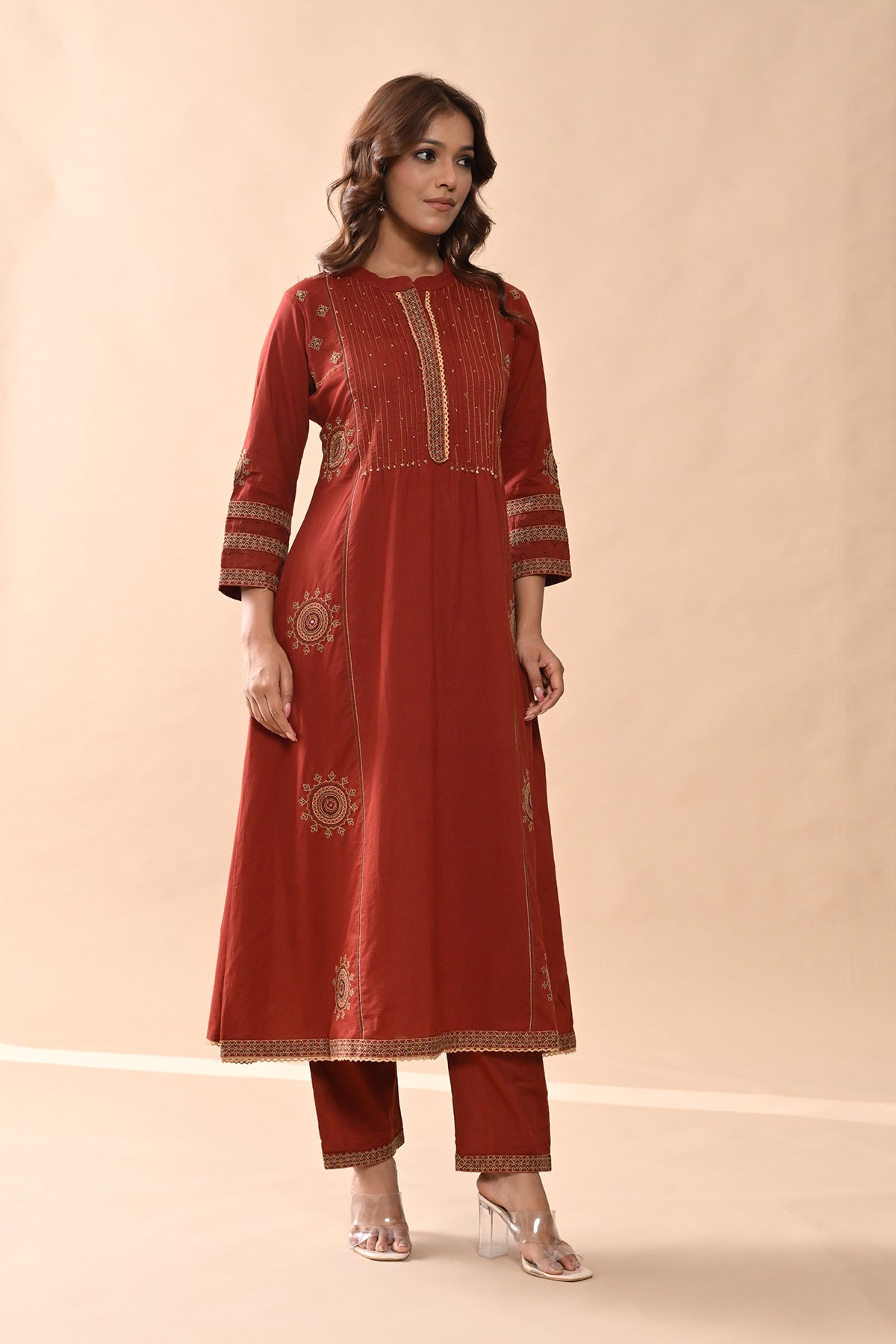Rust Embroidered Kurta Set