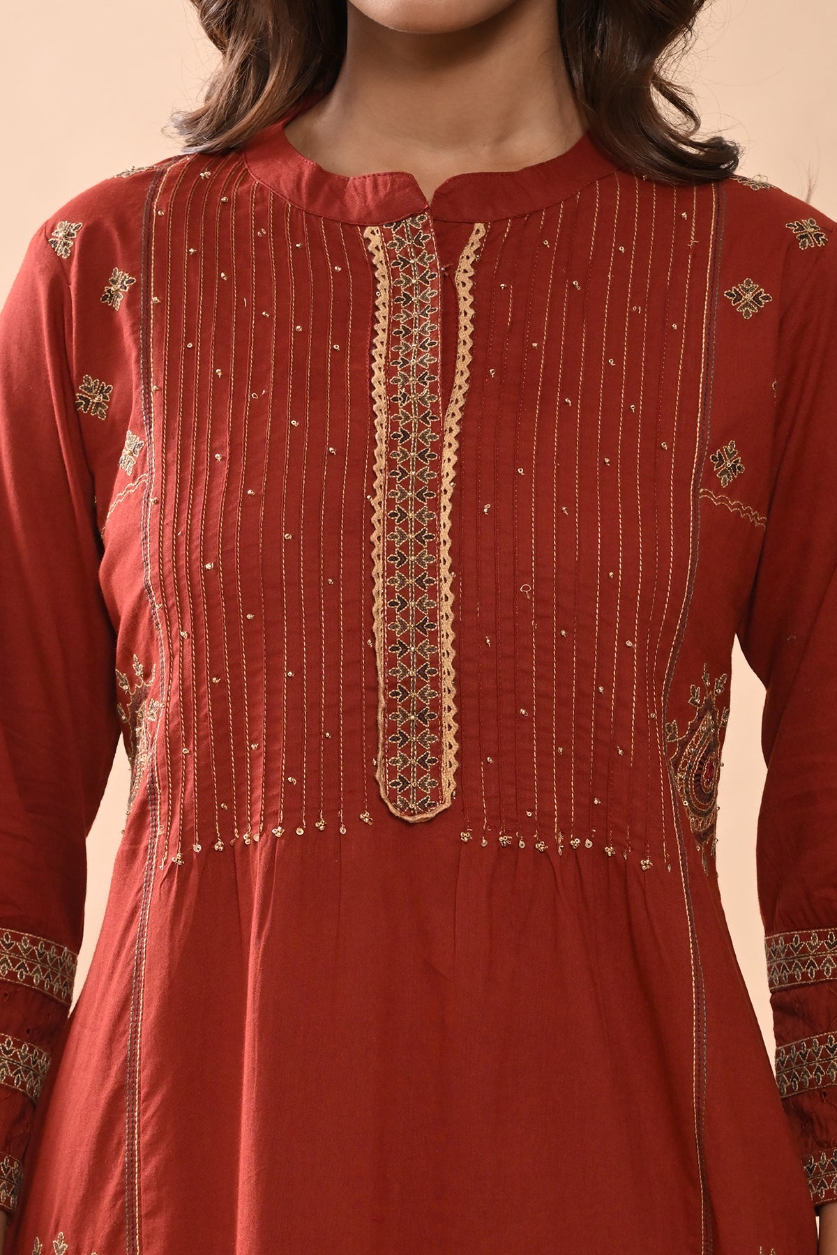 Rust Embroidered Kurta Set