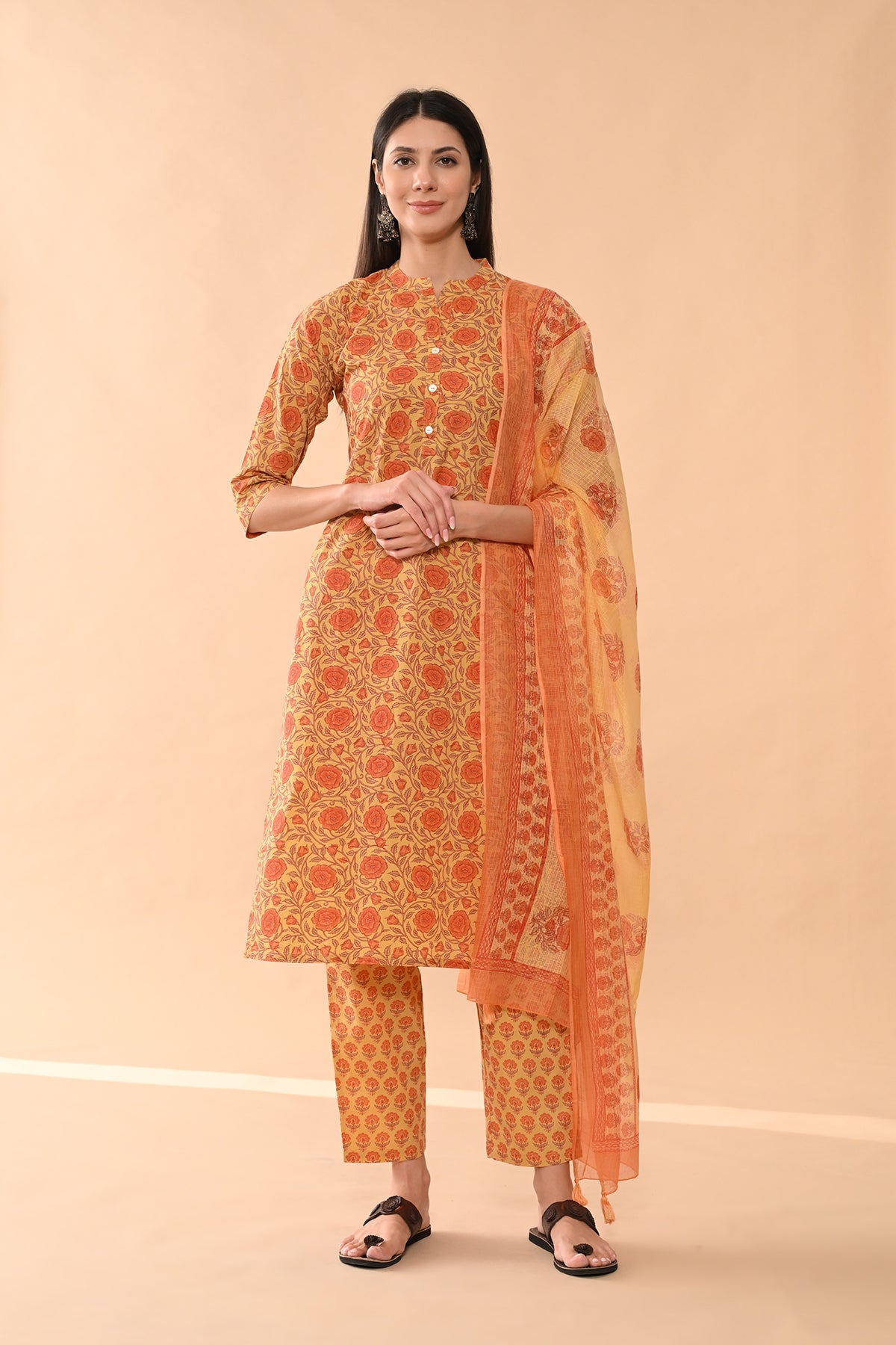 Mustard Printed Kurta 3 Pcs Set