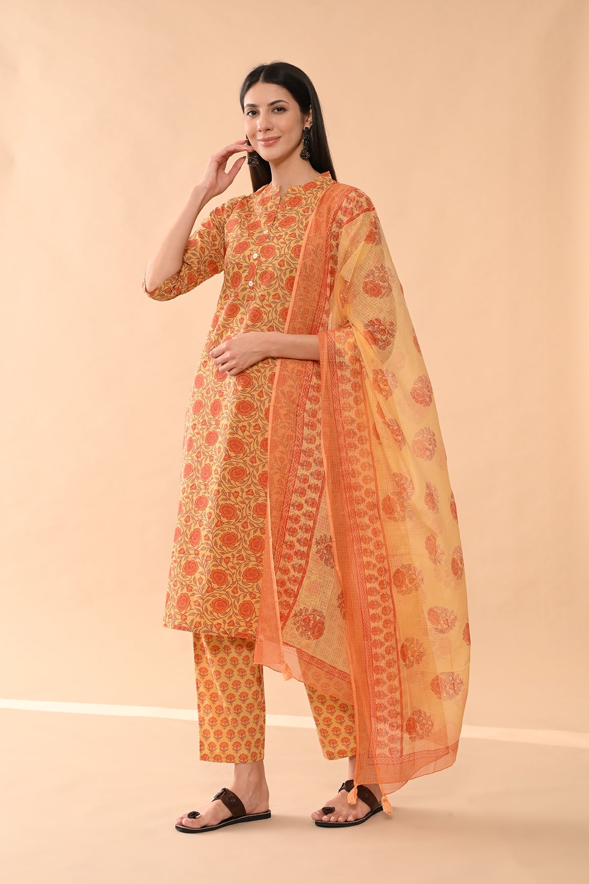 Mustard Printed Kurta 3 Pcs Set