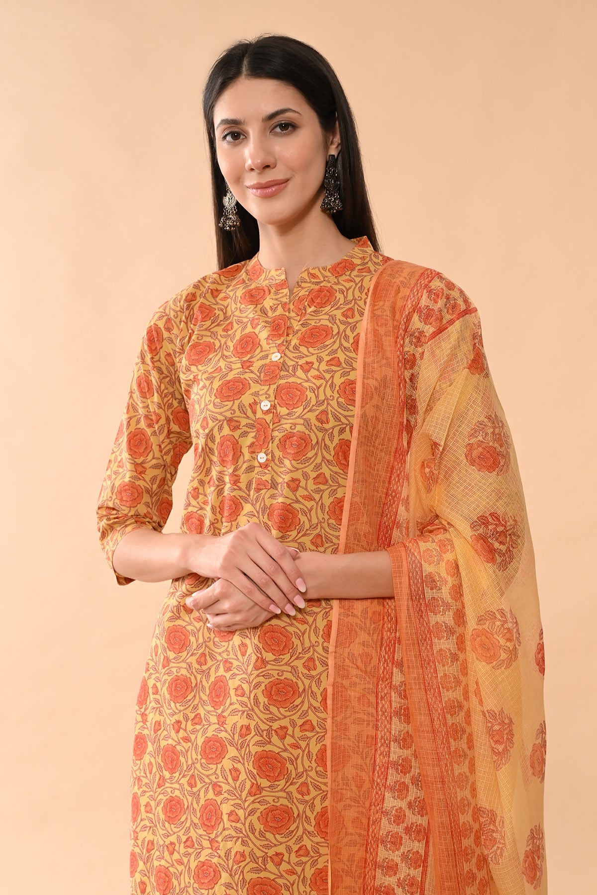 Mustard Printed Kurta 3 Pcs Set