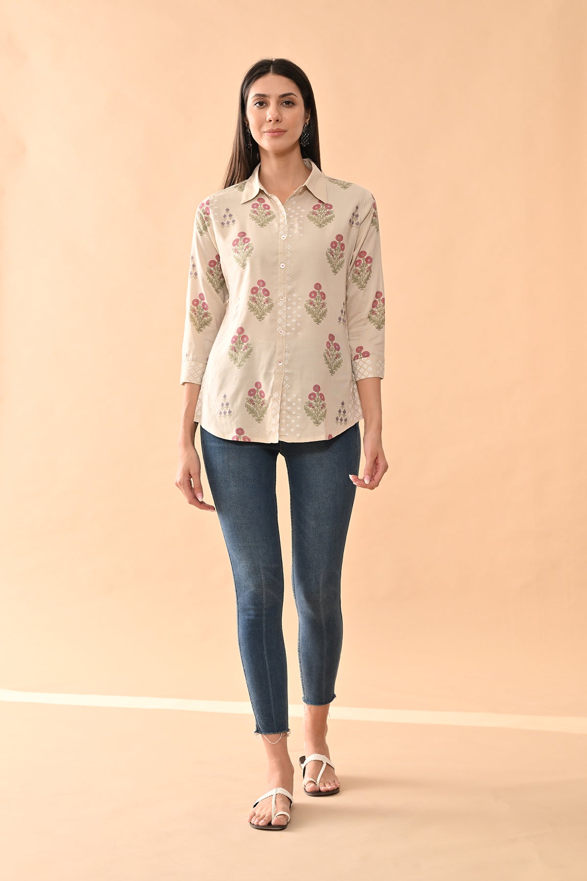Cream Printed Straight Top