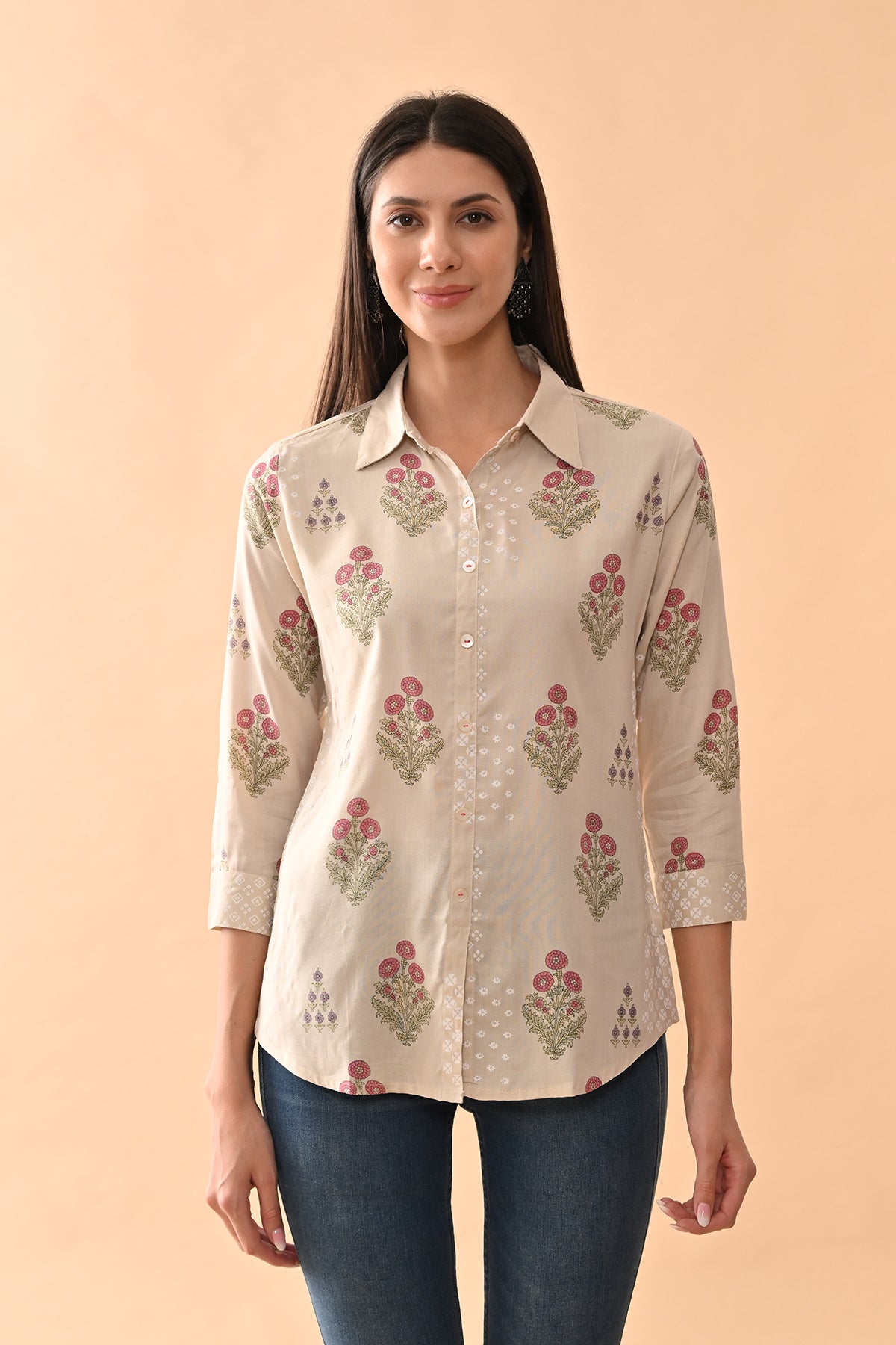 Cream Printed Straight Top