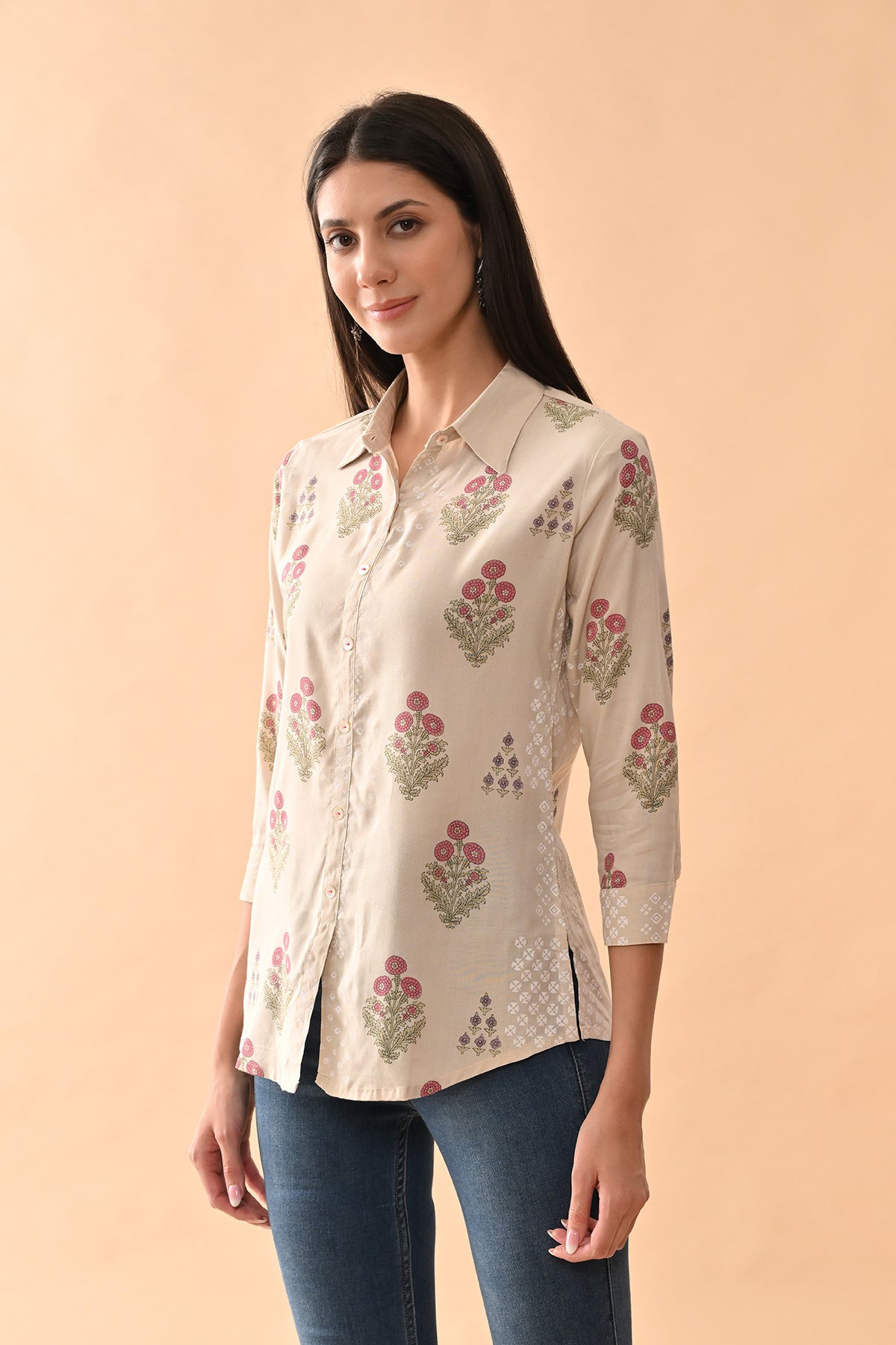 Cream Printed Straight Top