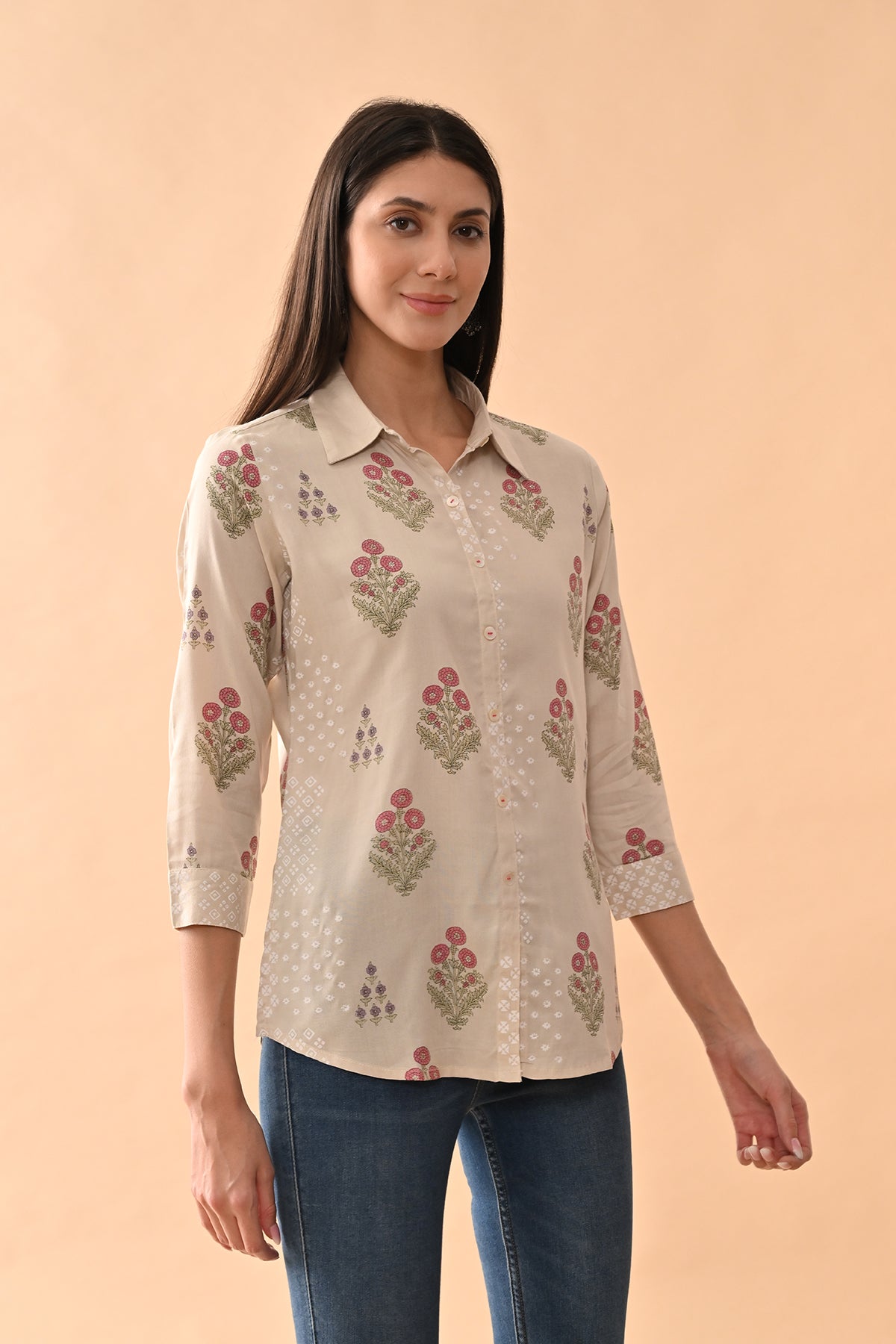 Cream Printed Straight Top