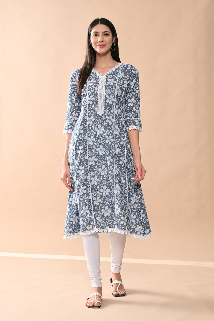 Blue Printed A-line Kurta