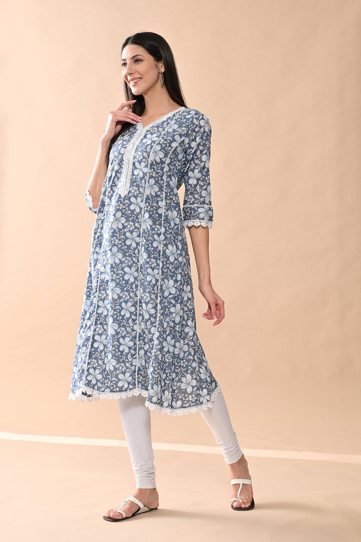Blue Printed A-line Kurta