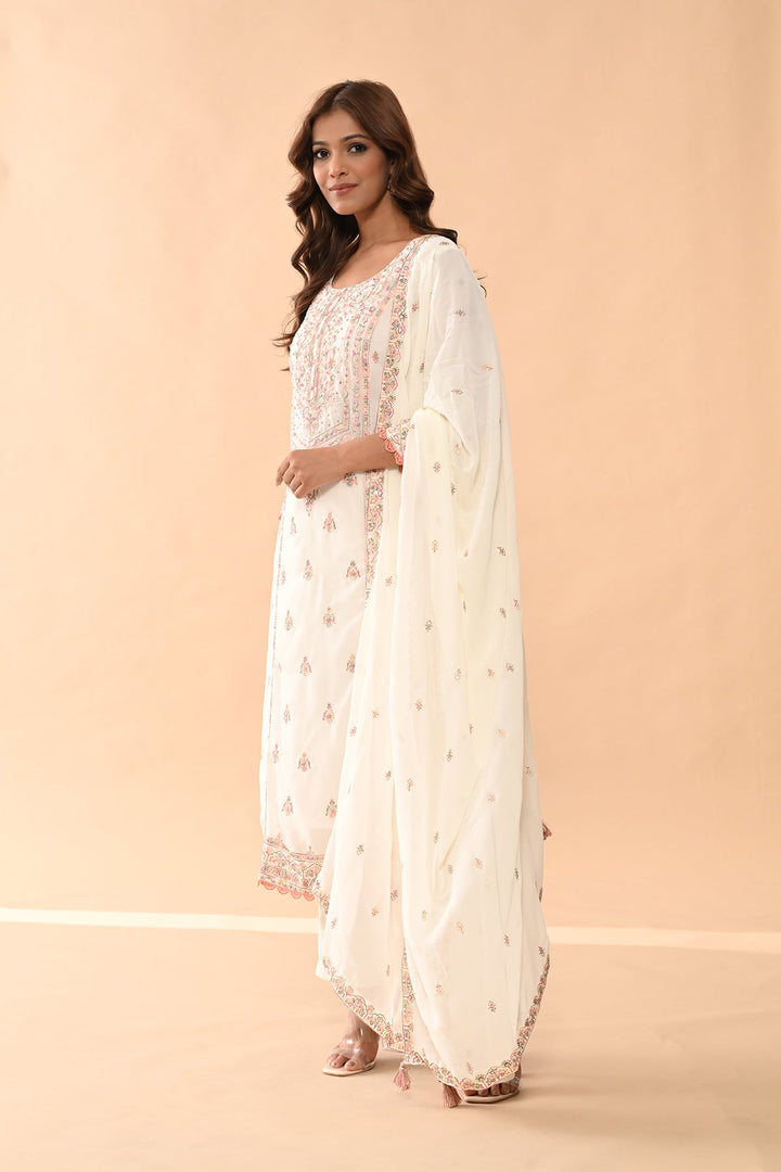 Cream Embroidered Kurta 3 Pcs Set